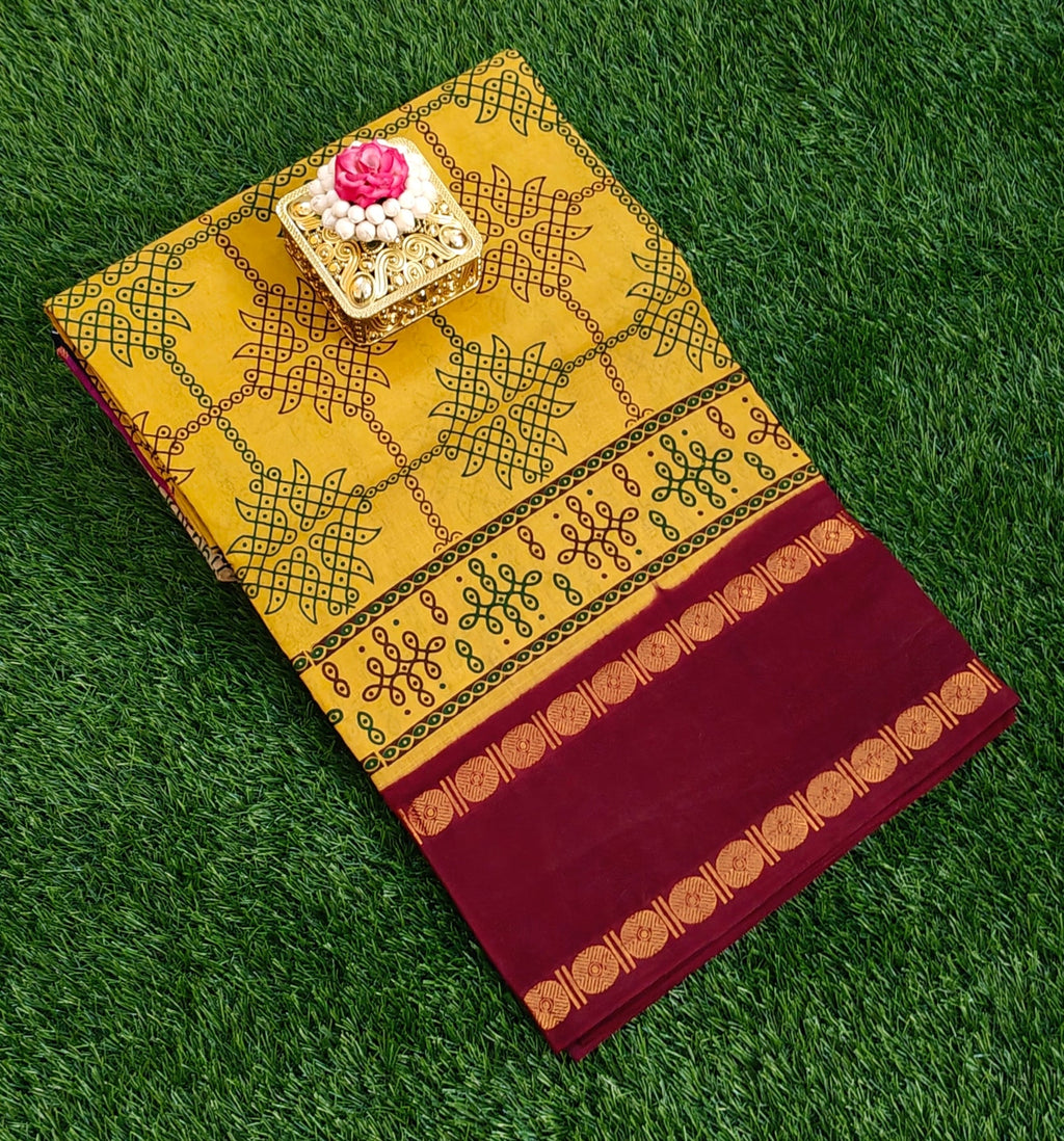 💛 Mustard Cotton Saree with Maroon Pallu & Traditional Kolam Print Design