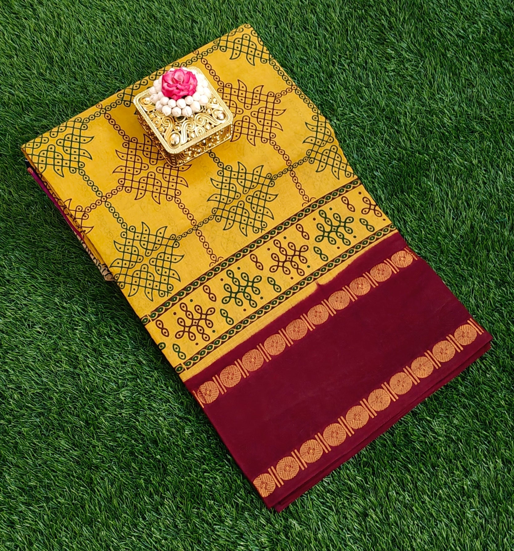💛 Mustard Cotton Saree with Maroon Pallu & Traditional Kolam Print Design