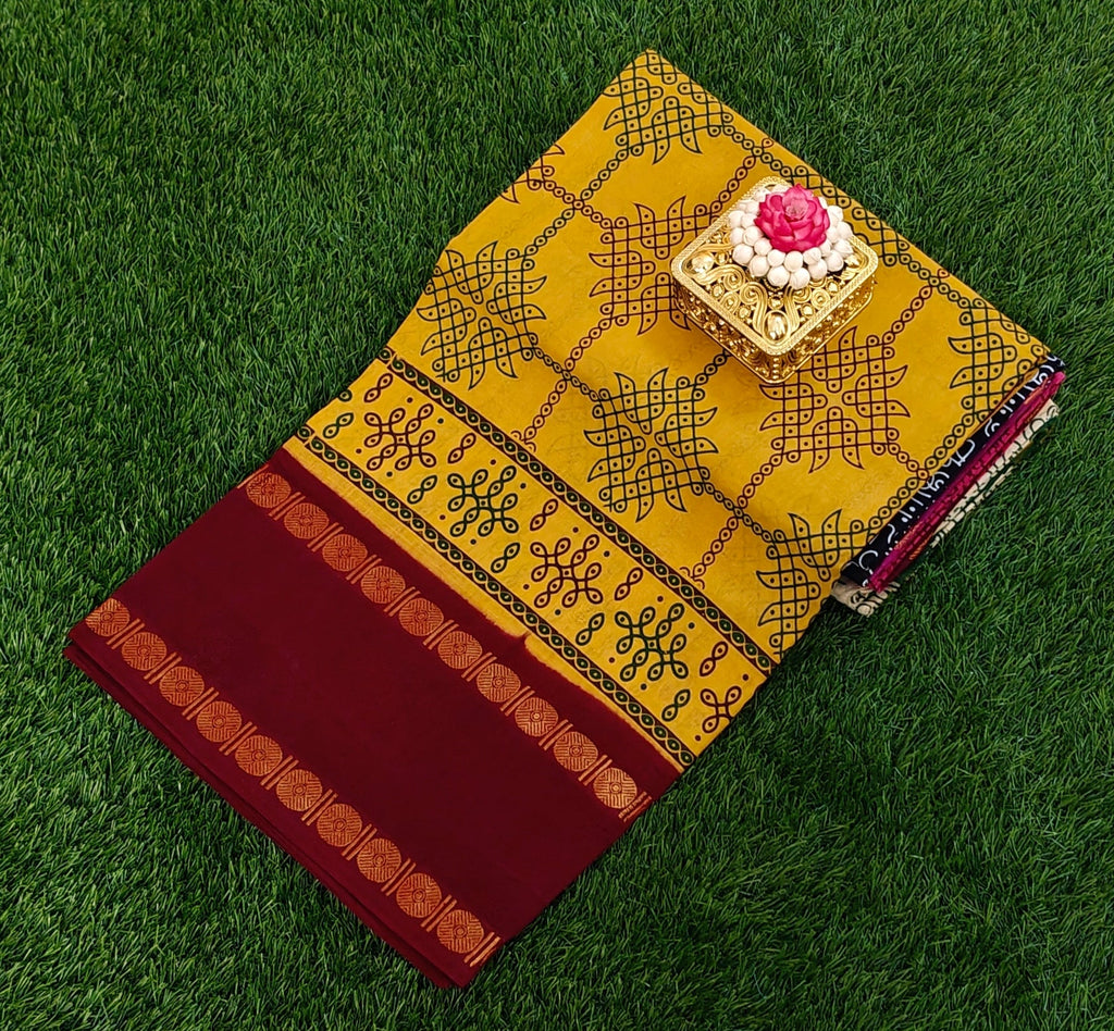 💛 Mustard Cotton Saree with Maroon Pallu & Traditional Kolam Print Design