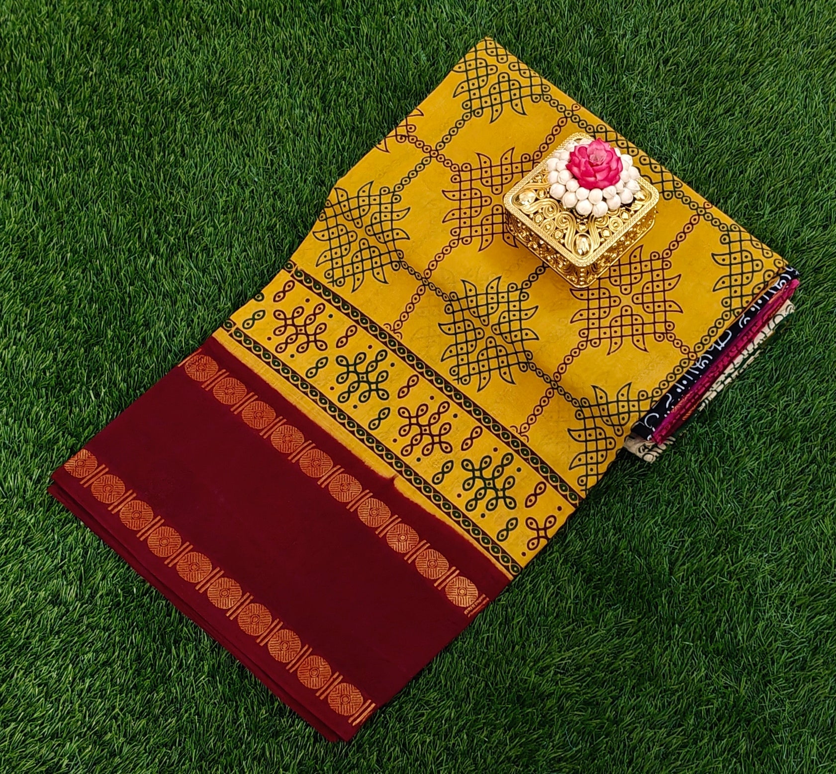 💛 Mustard Cotton Saree with Maroon Pallu & Traditional Kolam Print Design