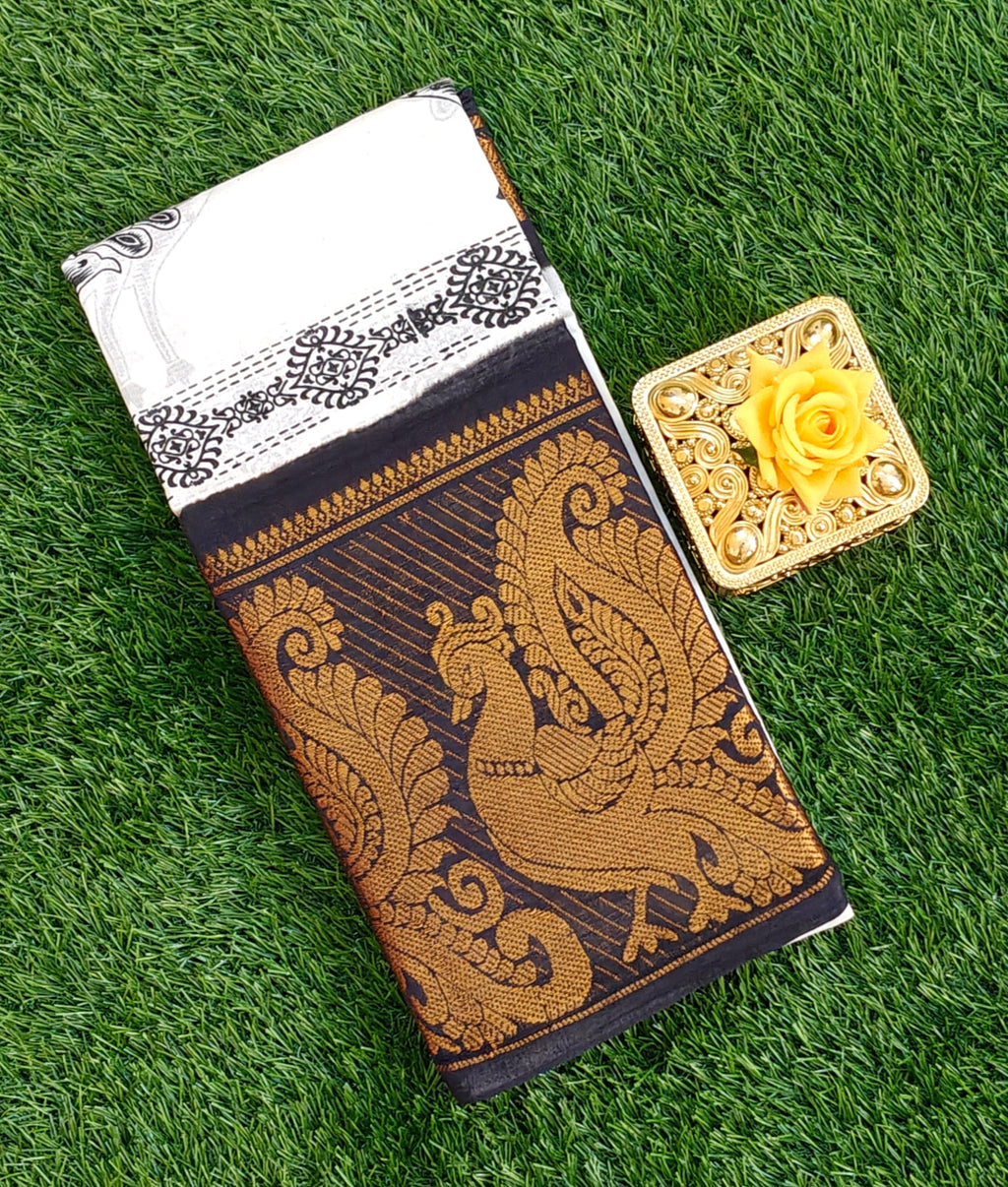 White & Black Printed Cotton Saree with Golden Peacock Zari Border