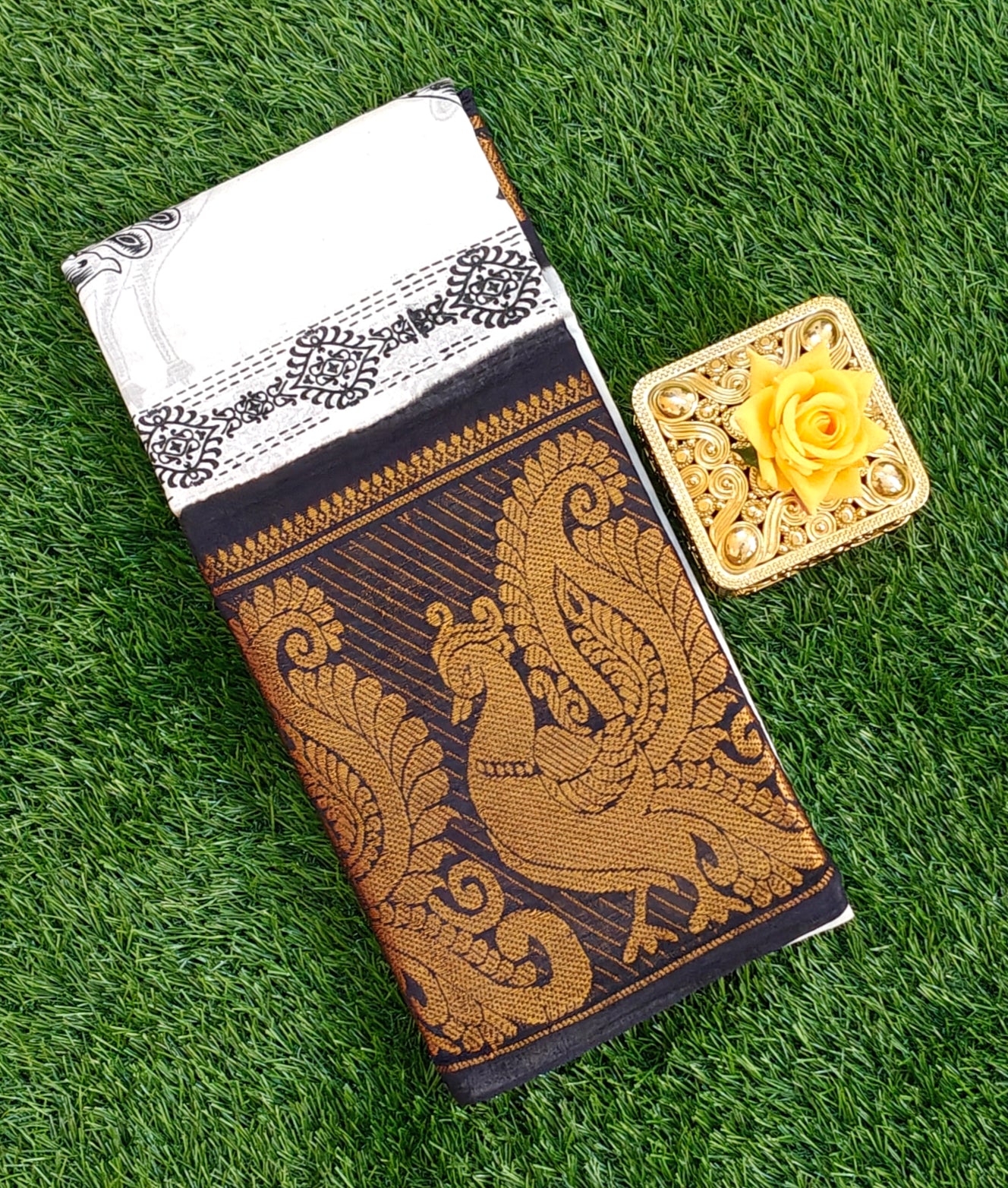 White & Black Printed Cotton Saree with Golden Peacock Zari Border