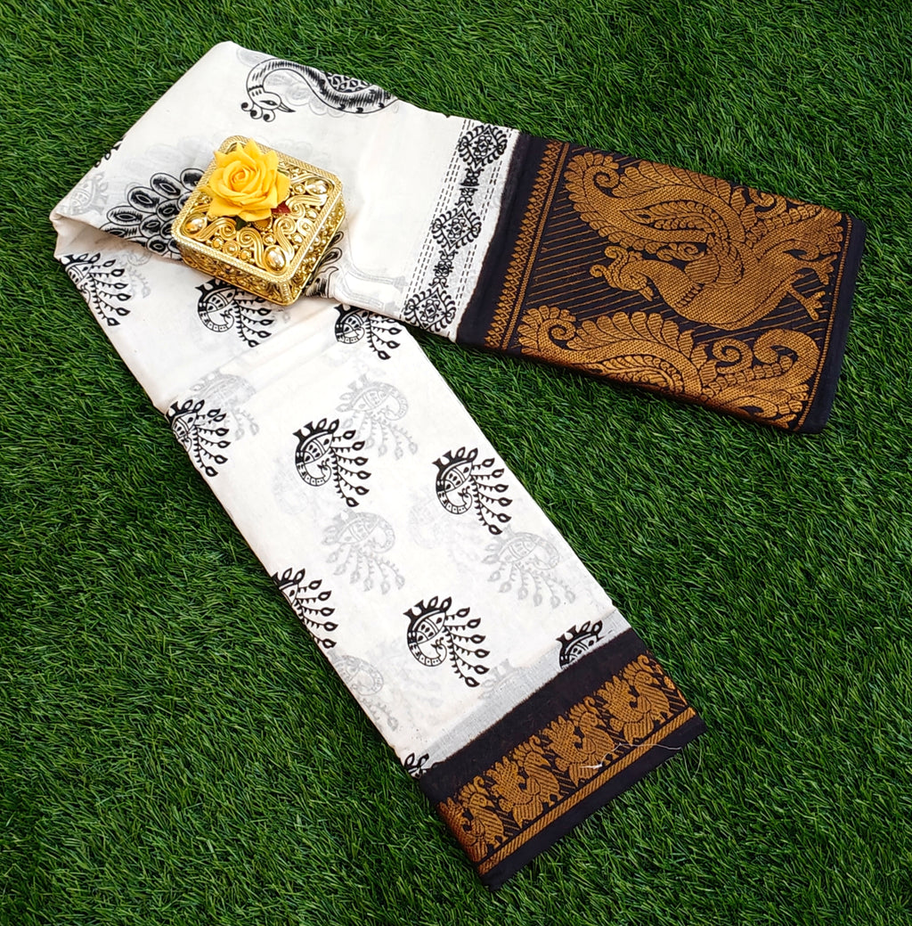 White & Black Printed Cotton Saree with Golden Peacock Zari Border