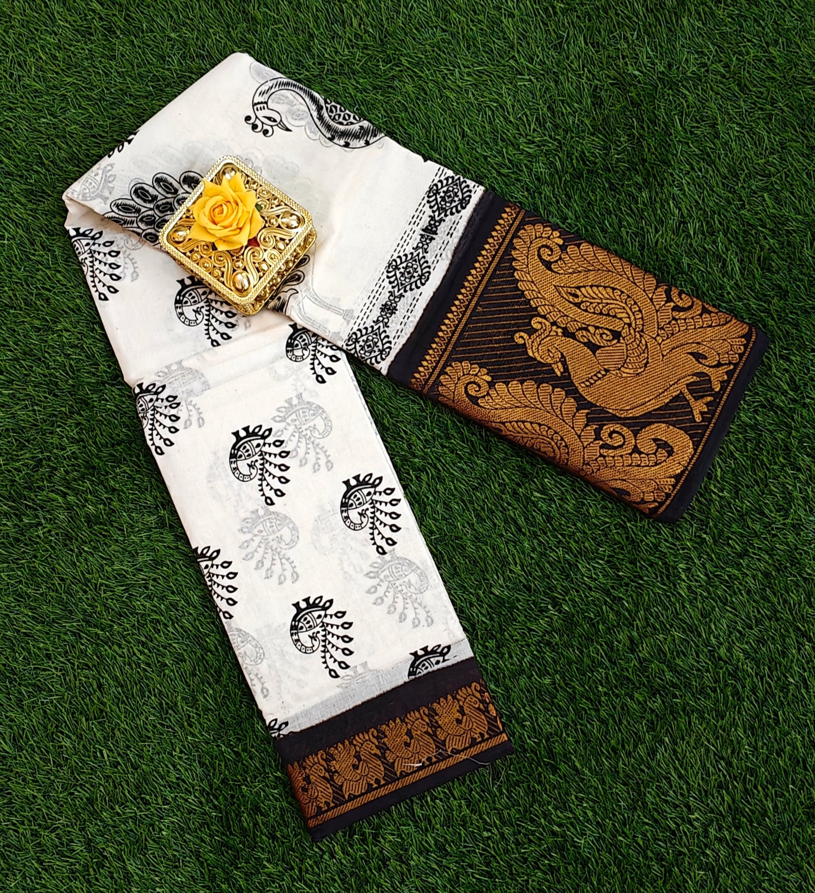 White & Black Printed Cotton Saree with Golden Peacock Zari Border