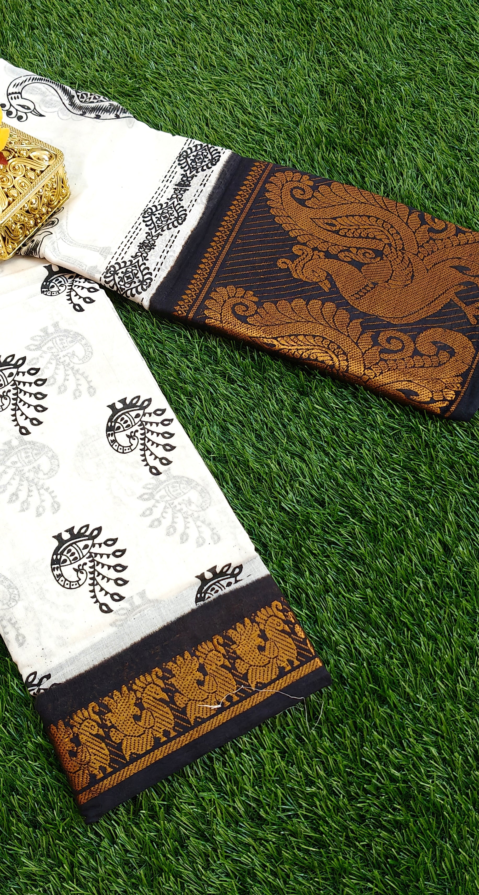 White & Black Printed Cotton Saree with Golden Peacock Zari Border