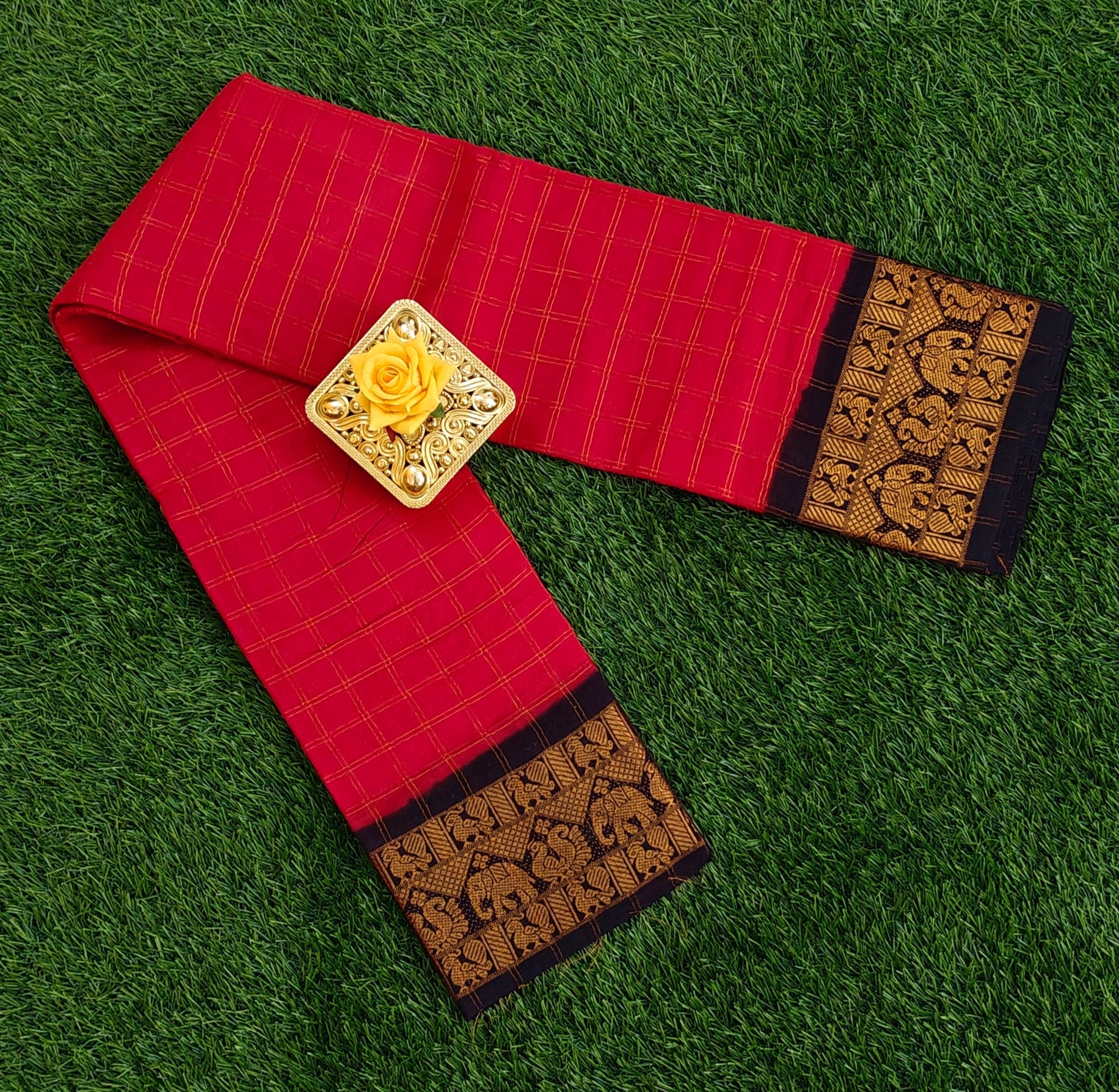 Red Cotton Saree with Golden Elephant Zari Border