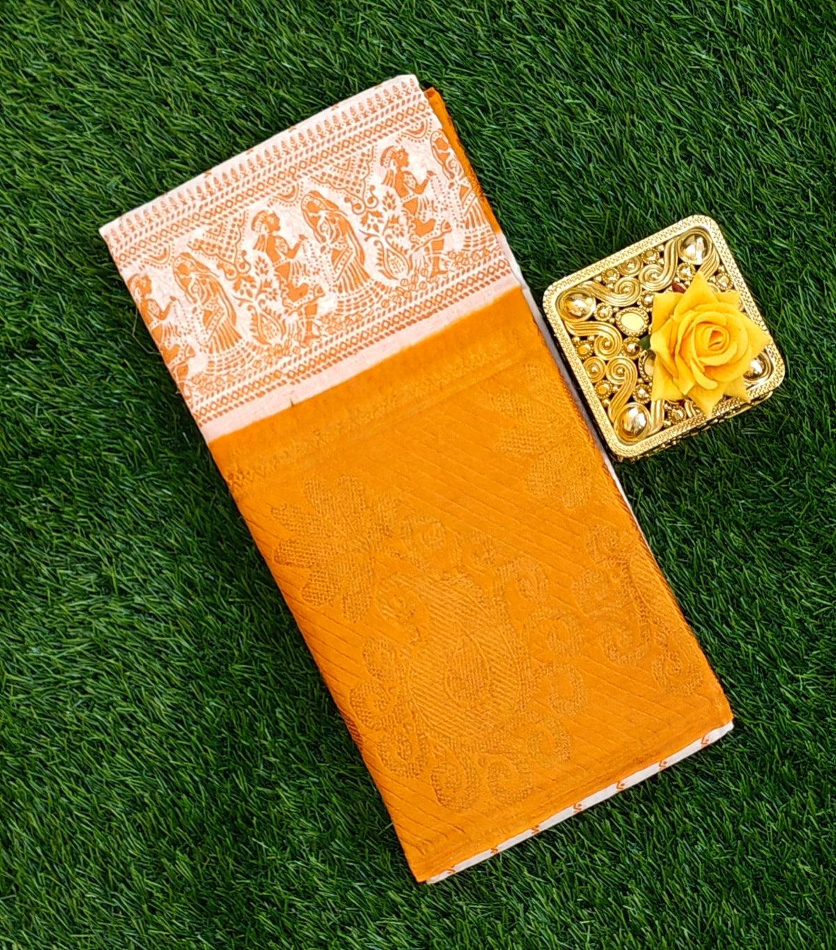 White & Orange Striped Cotton Saree with Floral Zari Border