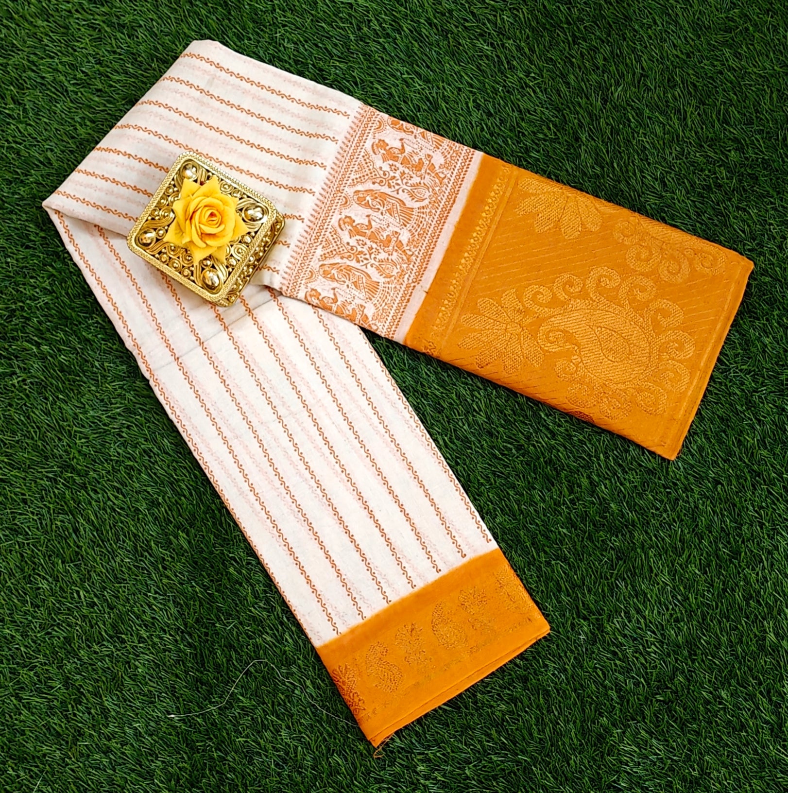 White & Orange Striped Cotton Saree with Floral Zari Border