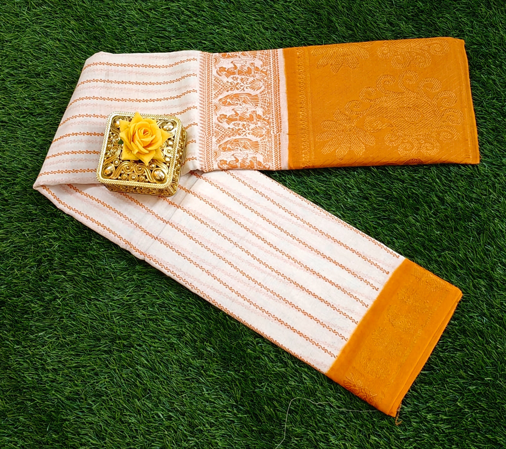 White & Orange Striped Cotton Saree with Floral Zari Border