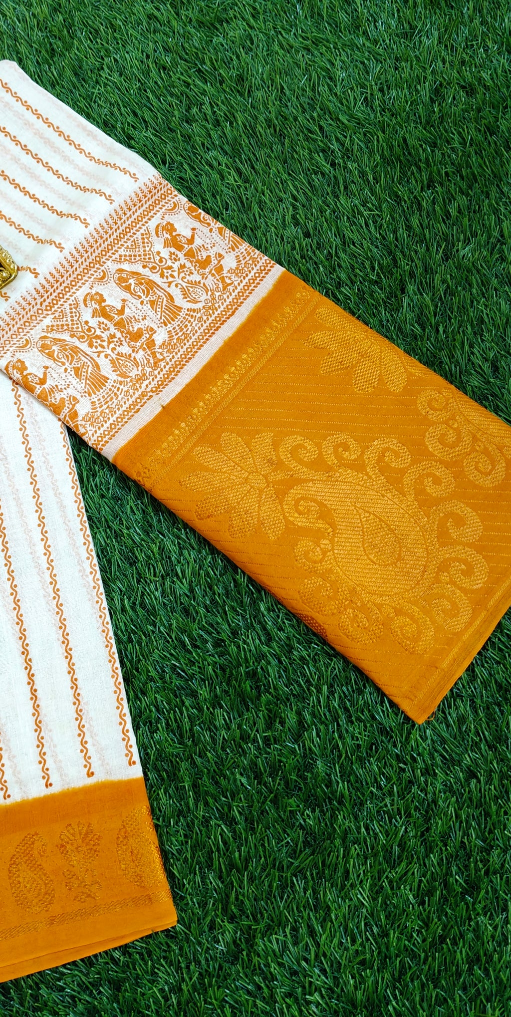 White & Orange Striped Cotton Saree with Floral Zari Border