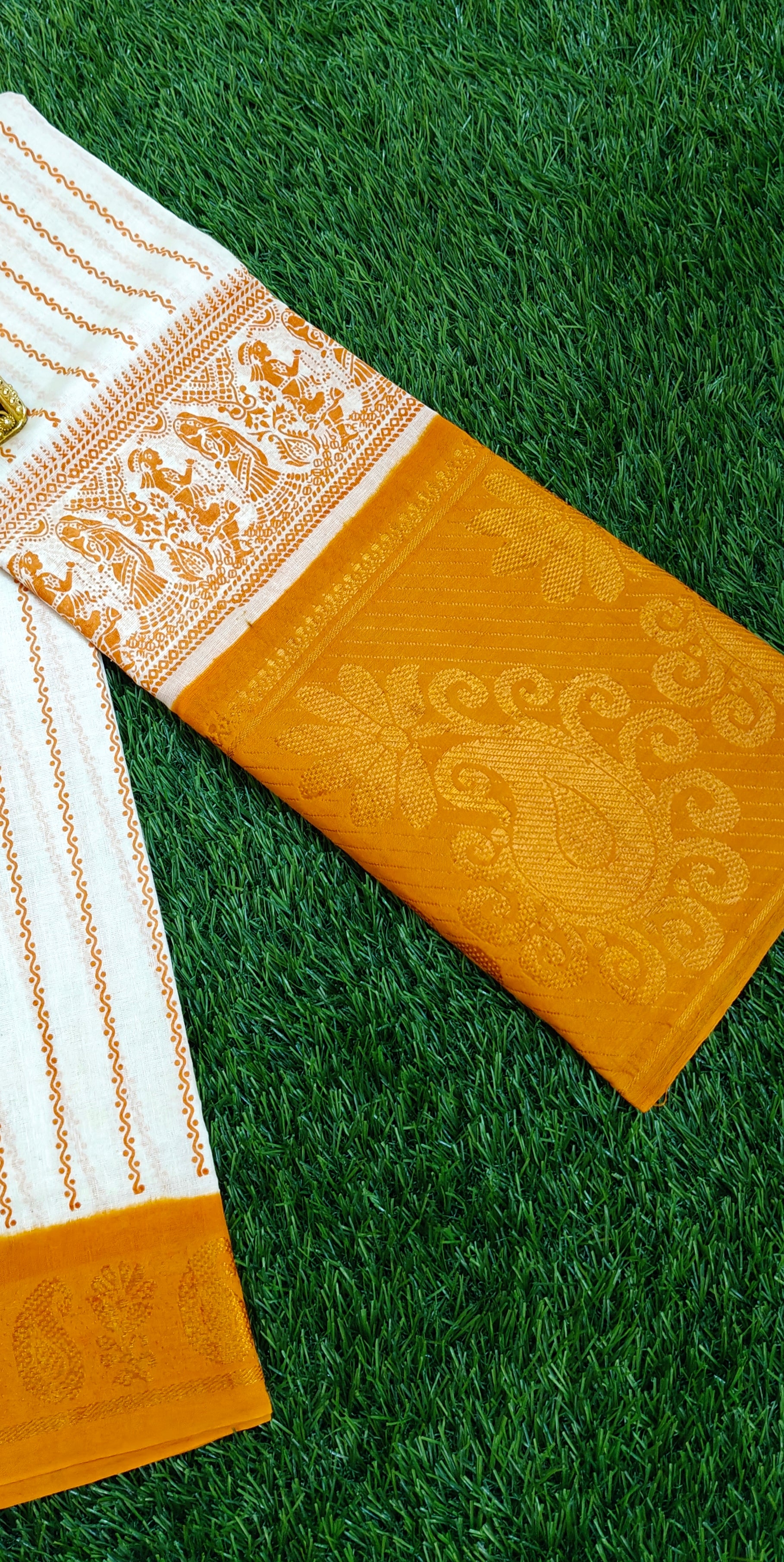 White & Orange Striped Cotton Saree with Floral Zari Border