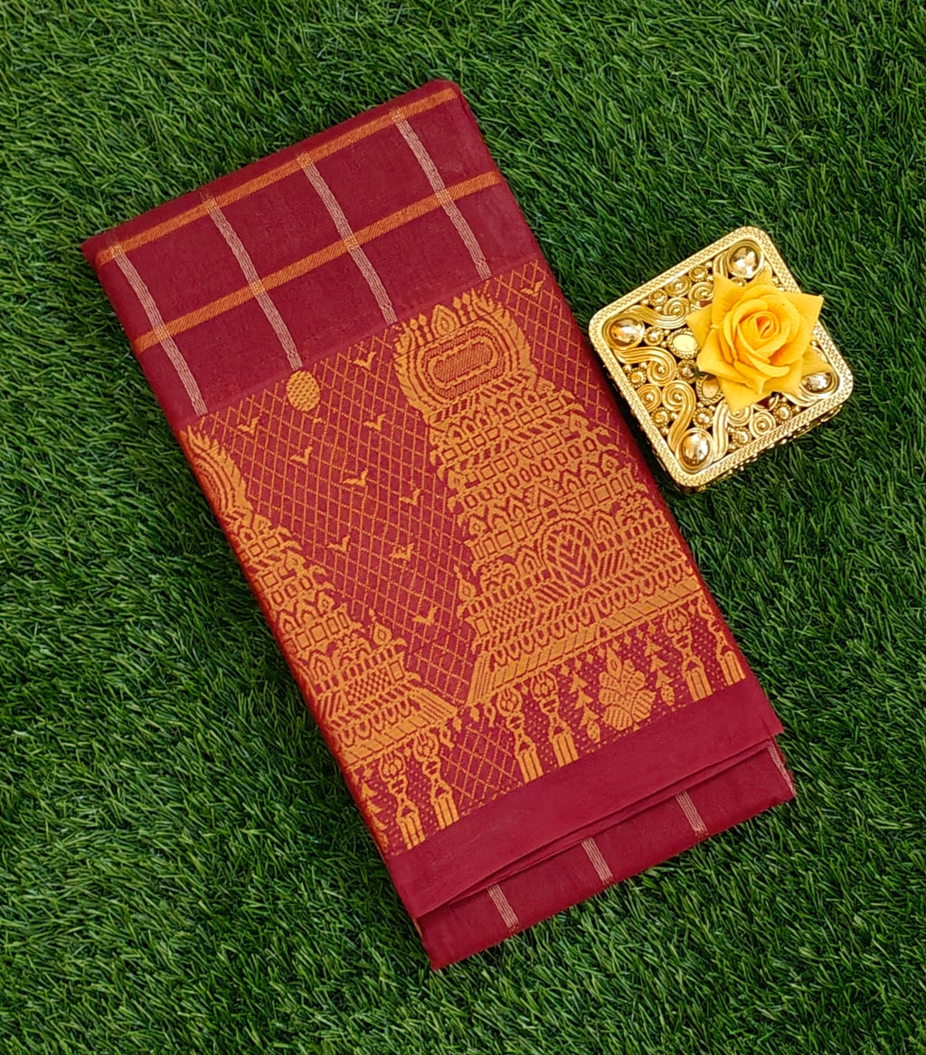 Maroon Checked Cotton Saree with Rich Temple Border