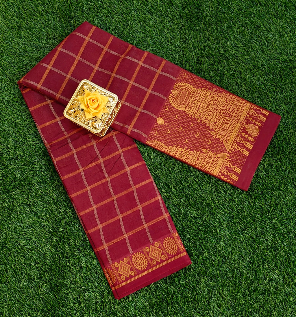 Maroon Checked Cotton Saree with Rich Temple Border
