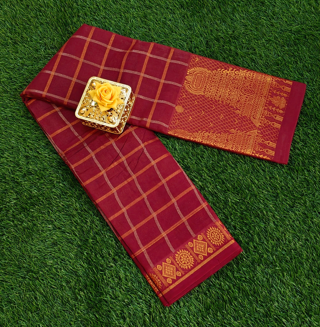 Maroon Checked Cotton Saree with Rich Temple Border