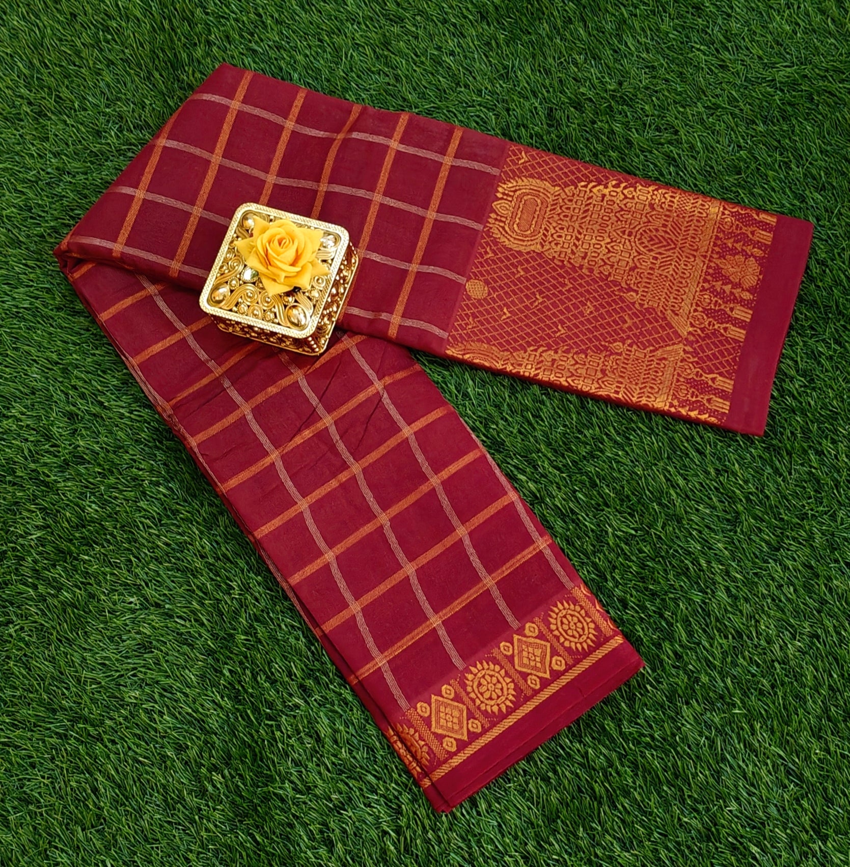 Maroon Checked Cotton Saree with Rich Temple Border