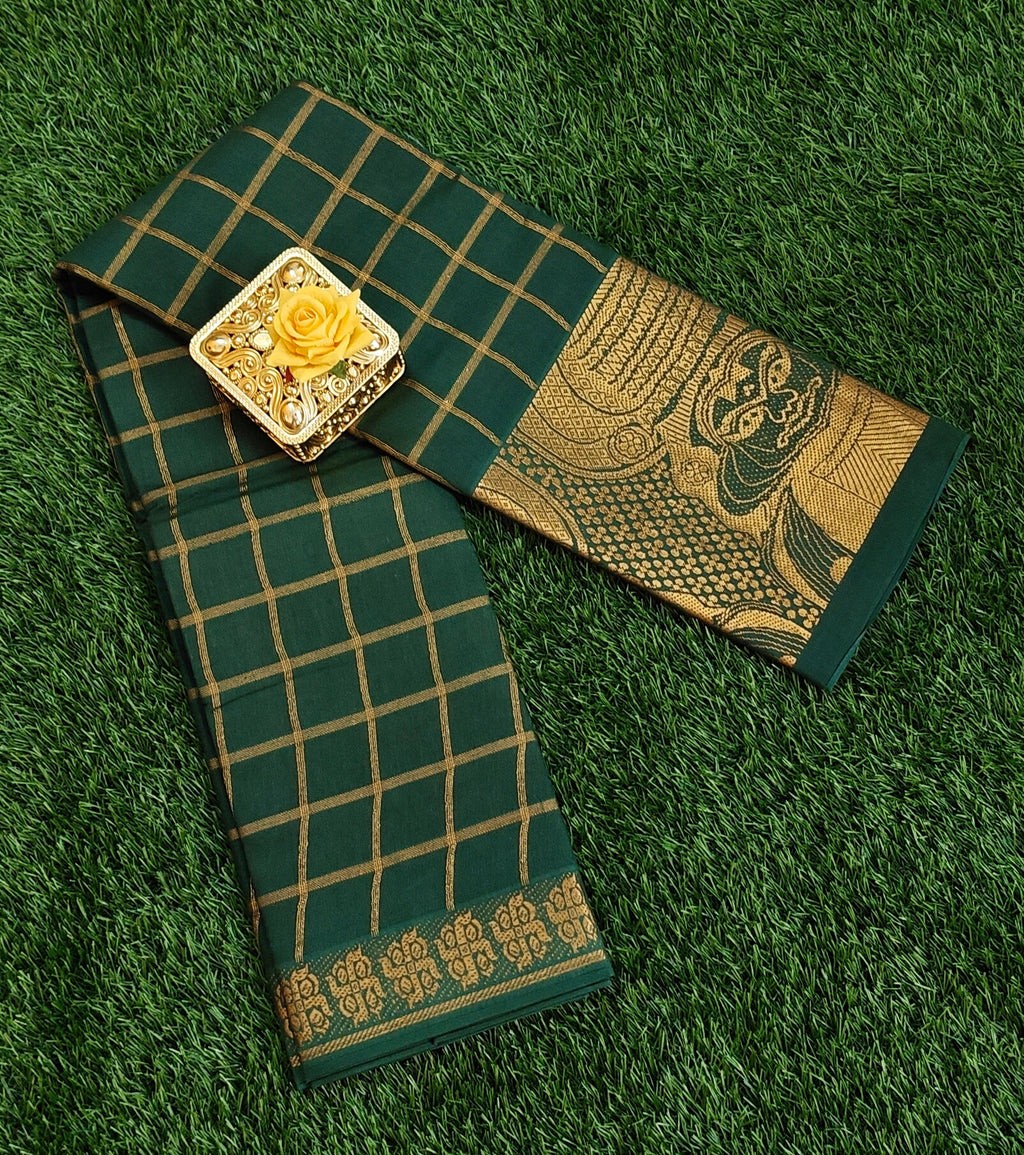 Bottle Green Checked Cotton Saree with Border