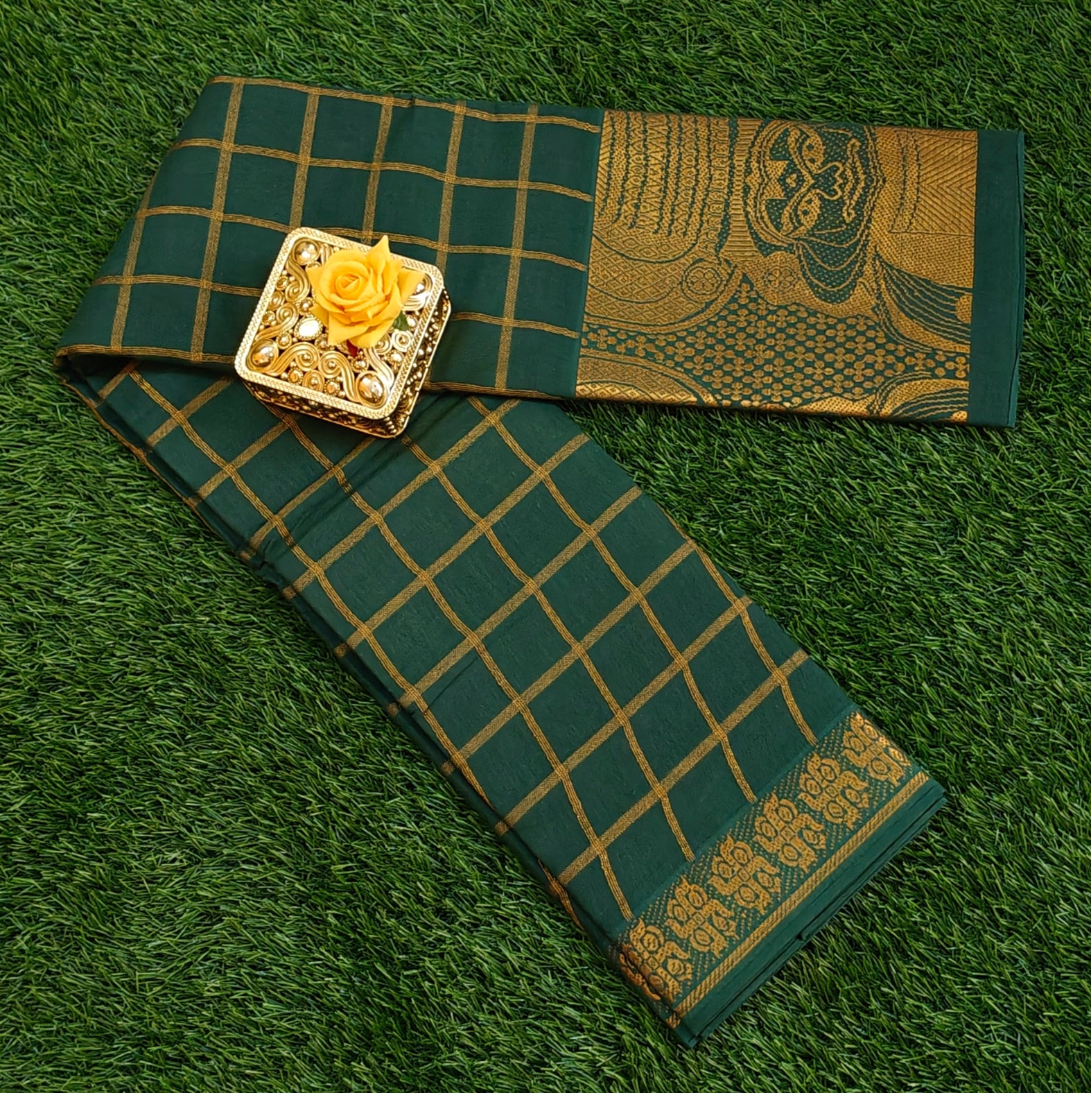 Bottle Green Checked Cotton Saree with Border