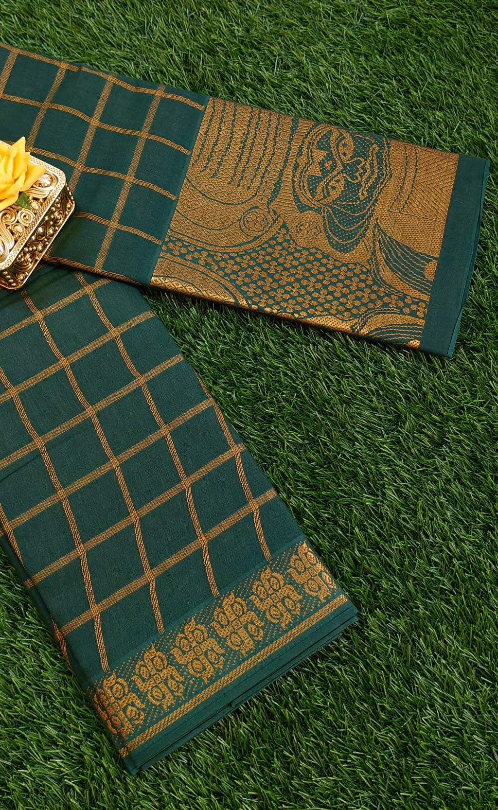 Bottle Green Checked Cotton Saree with Border