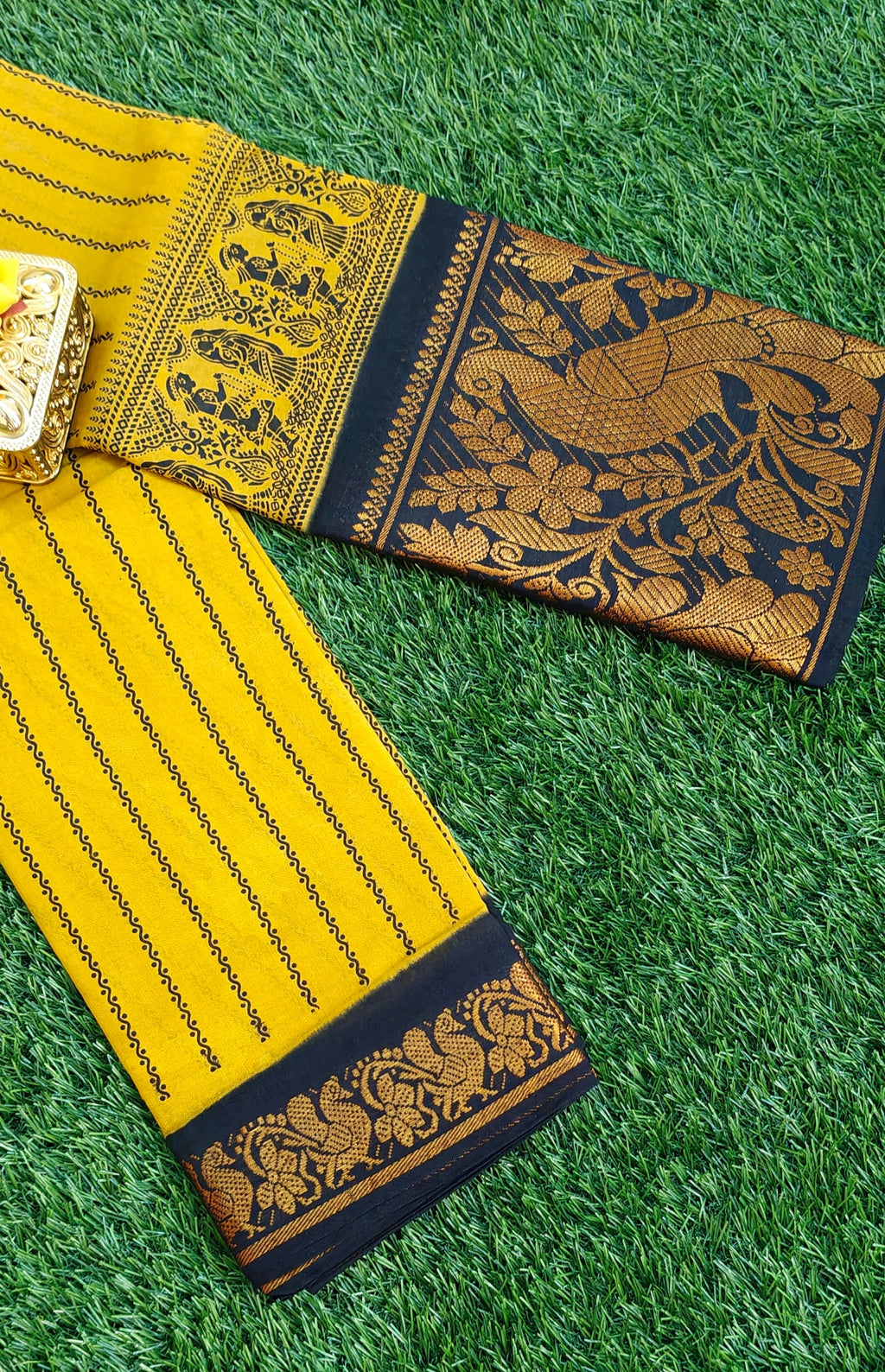 Mustard cotton saree with black peacock zari border