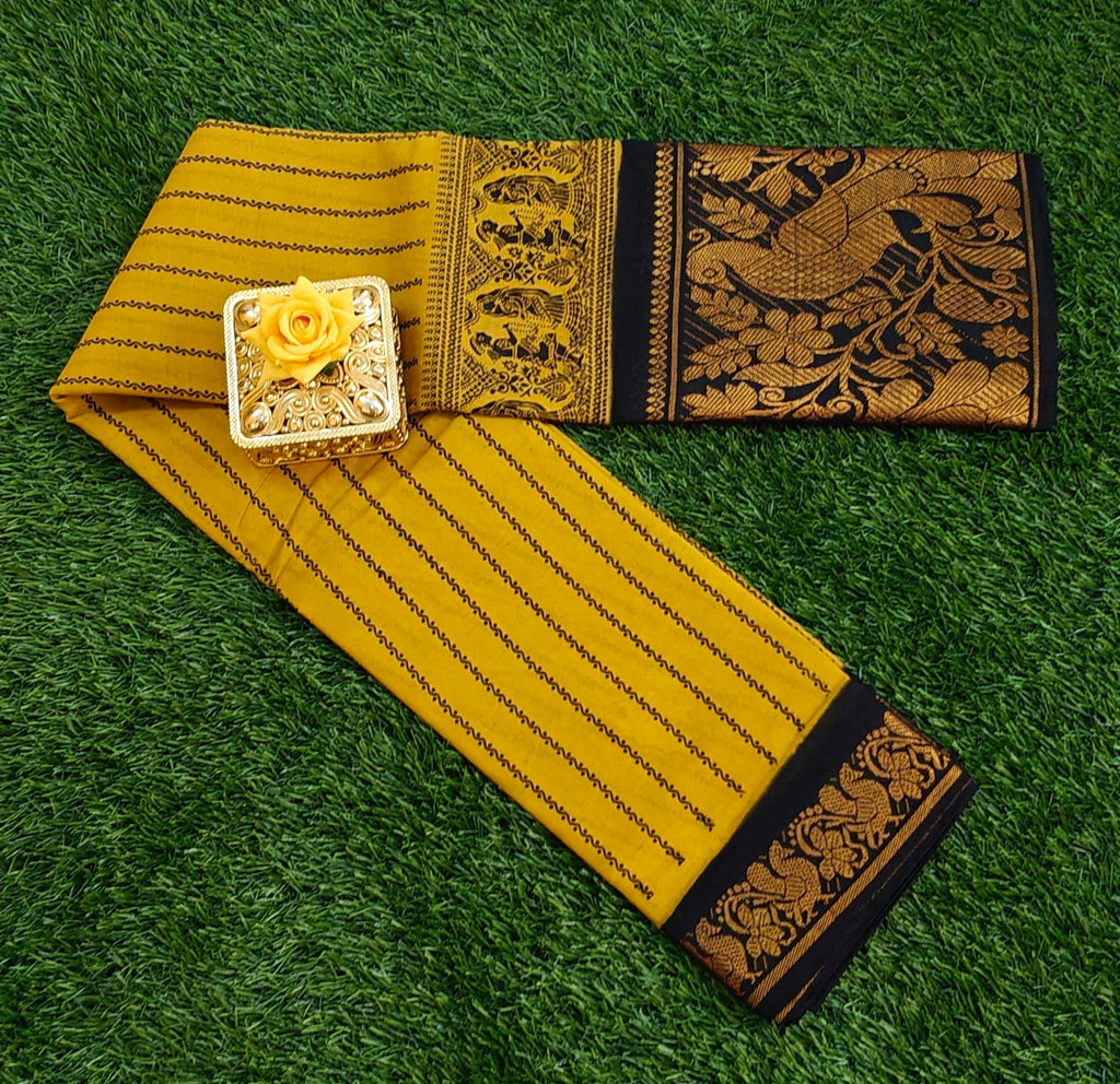 Mustard cotton saree with black peacock zari border