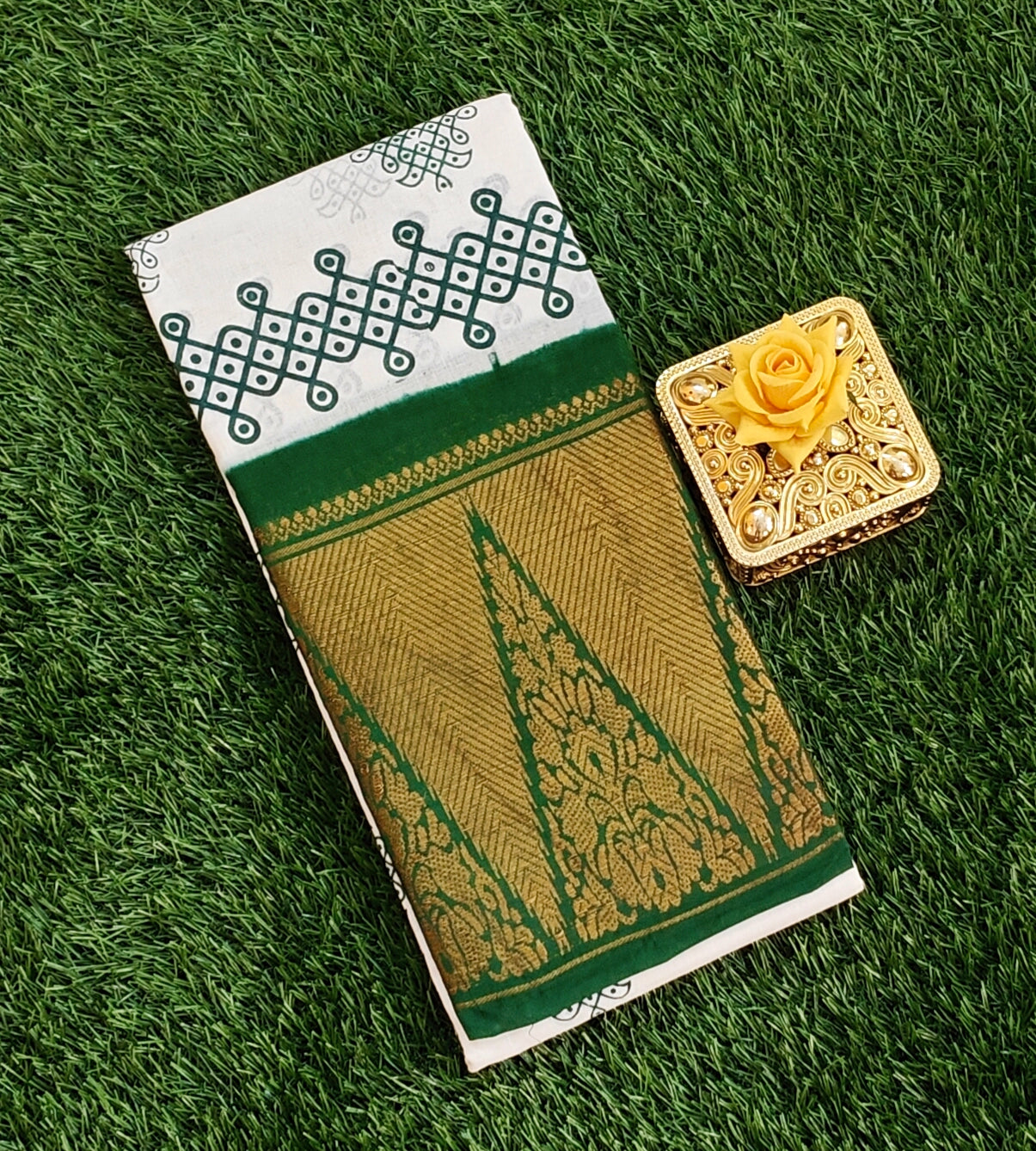 🪔 White Kolam Printed Cotton Saree with Rich Green Zari Border