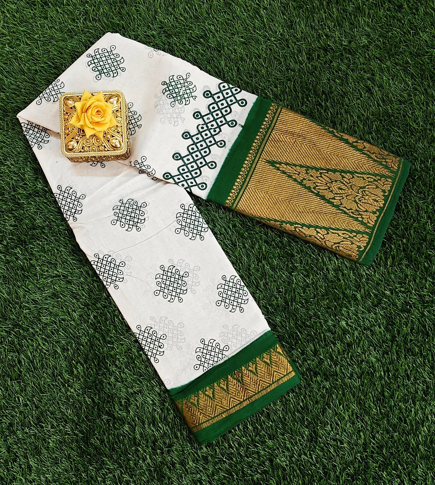 🪔 White Kolam Printed Cotton Saree with Rich Green Zari Border