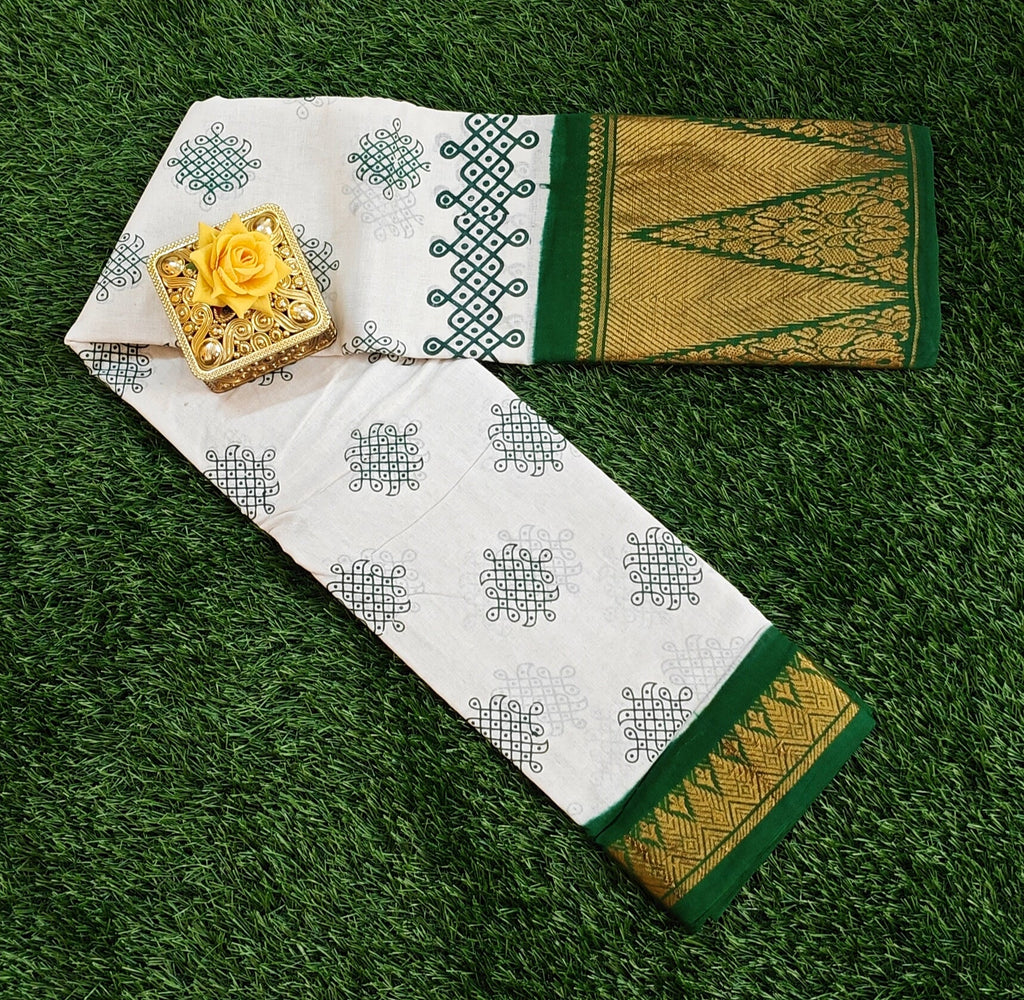 🪔 White Kolam Printed Cotton Saree with Rich Green Zari Border
