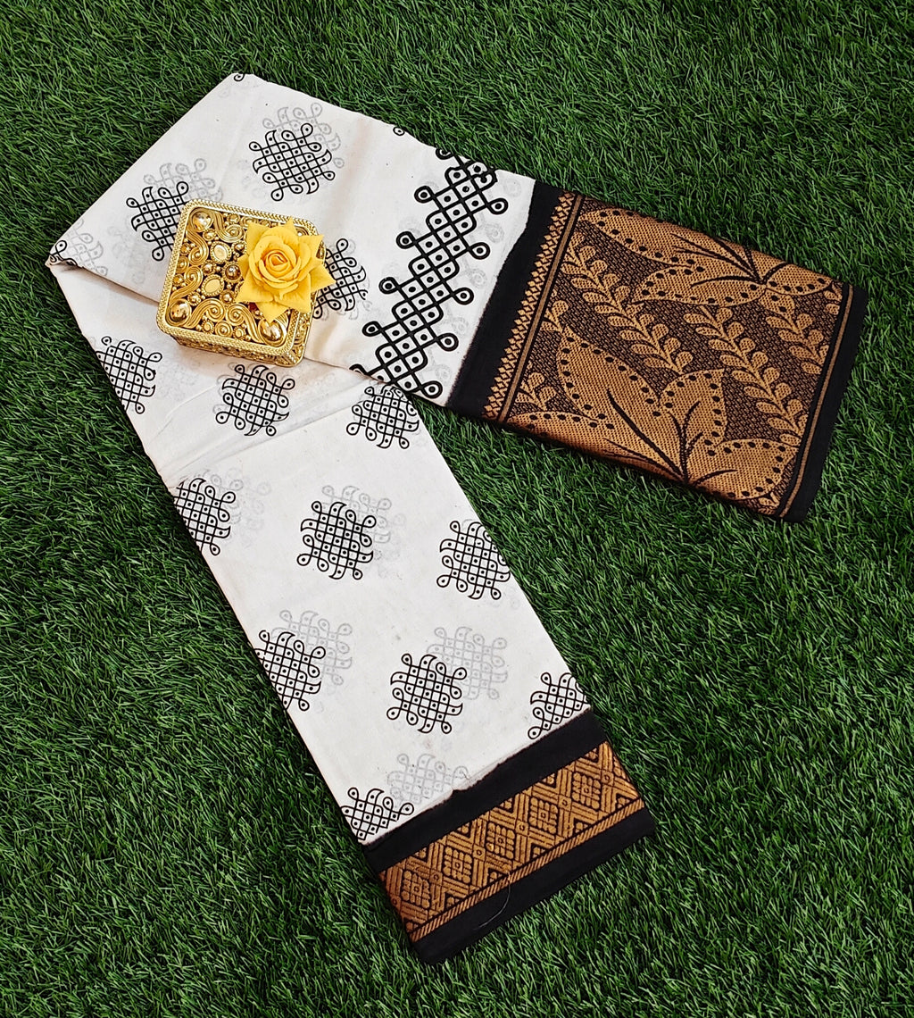🖤 White & Black Kolam Print Cotton Saree with Rich Black Zari Border