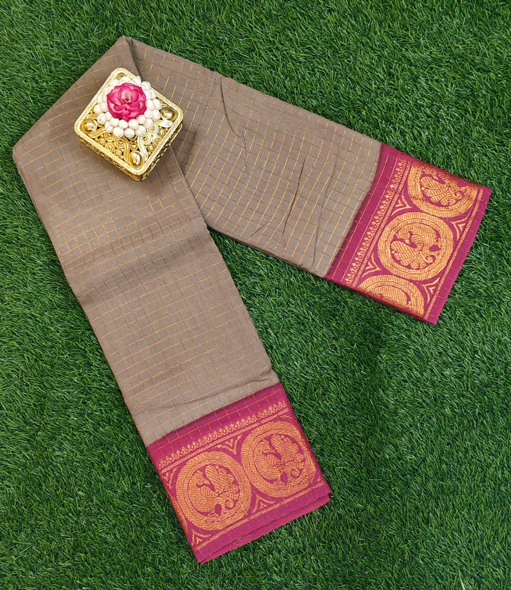 🦚 Grey Checks Saree with Pink Peacock Zari Border 🦚