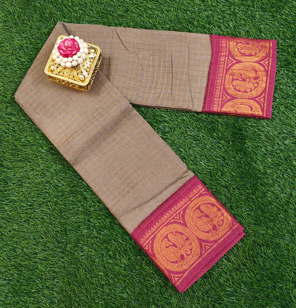 🦚 Grey Checks Saree with Pink Peacock Zari Border 🦚