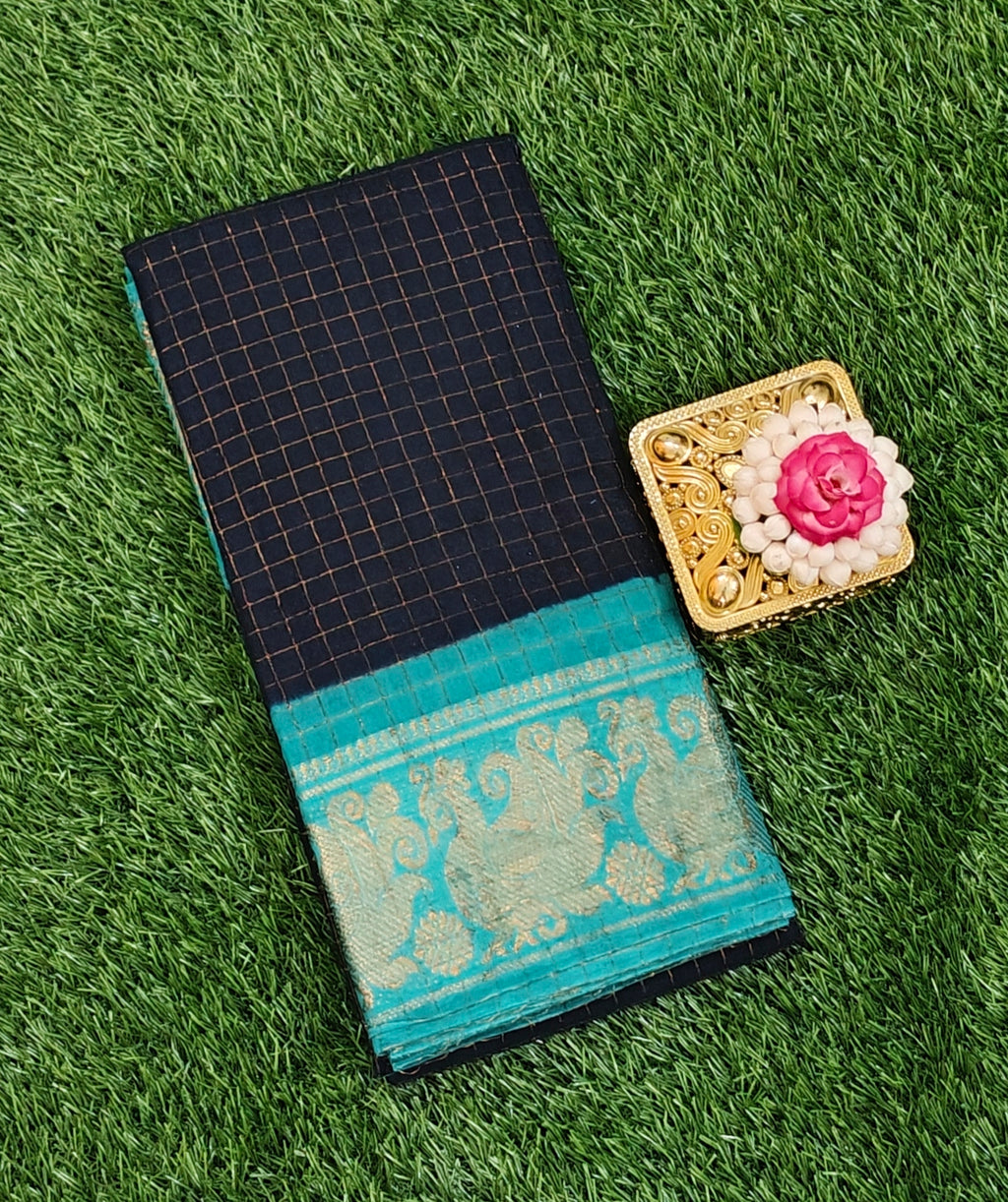 🖤 Peacock Zari Border Checkered Soft Cotton Saree – Navy Blue & Teal