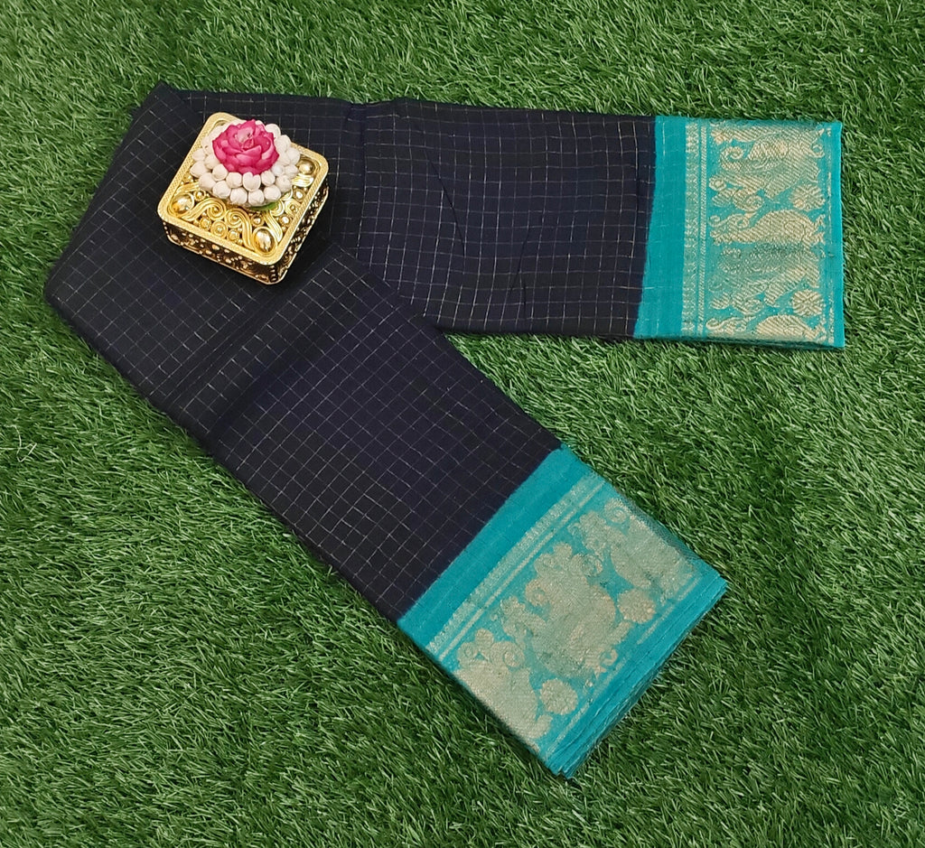 🖤 Peacock Zari Border Checkered Soft Cotton Saree – Navy Blue & Teal