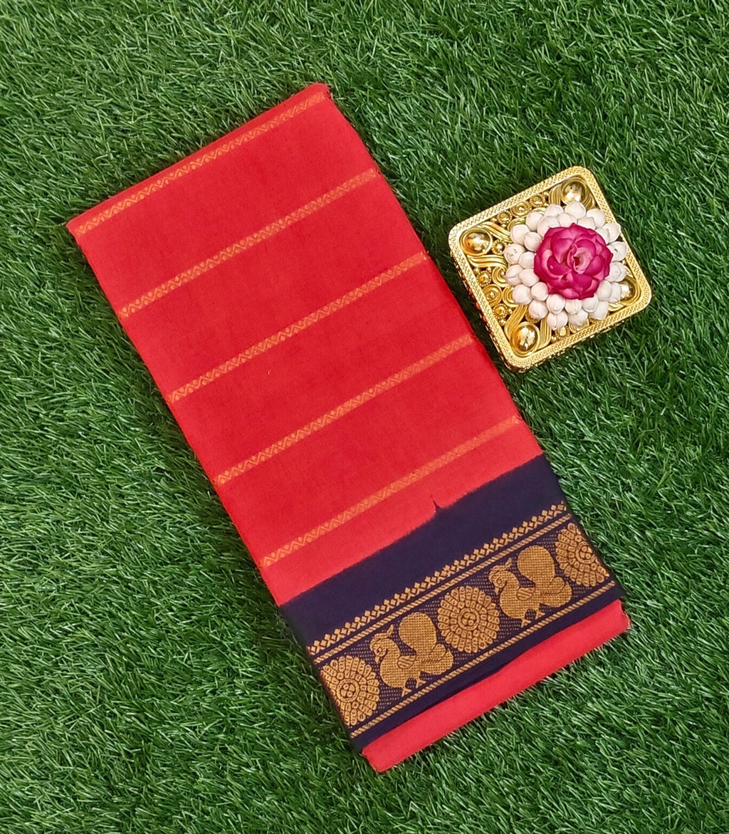 ❤️ Red Traditional Cotton Saree with Navy & Gold Zari Border