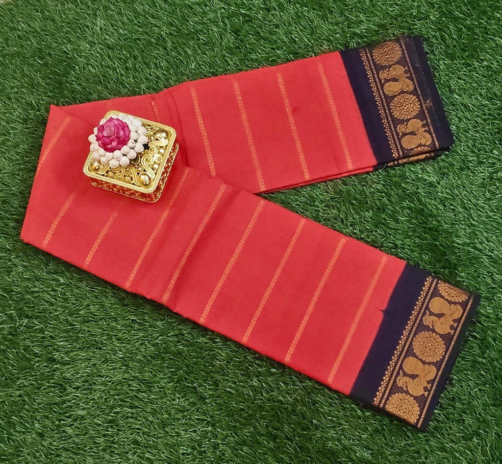 ❤️ Red Traditional Cotton Saree with Navy & Gold Zari Border