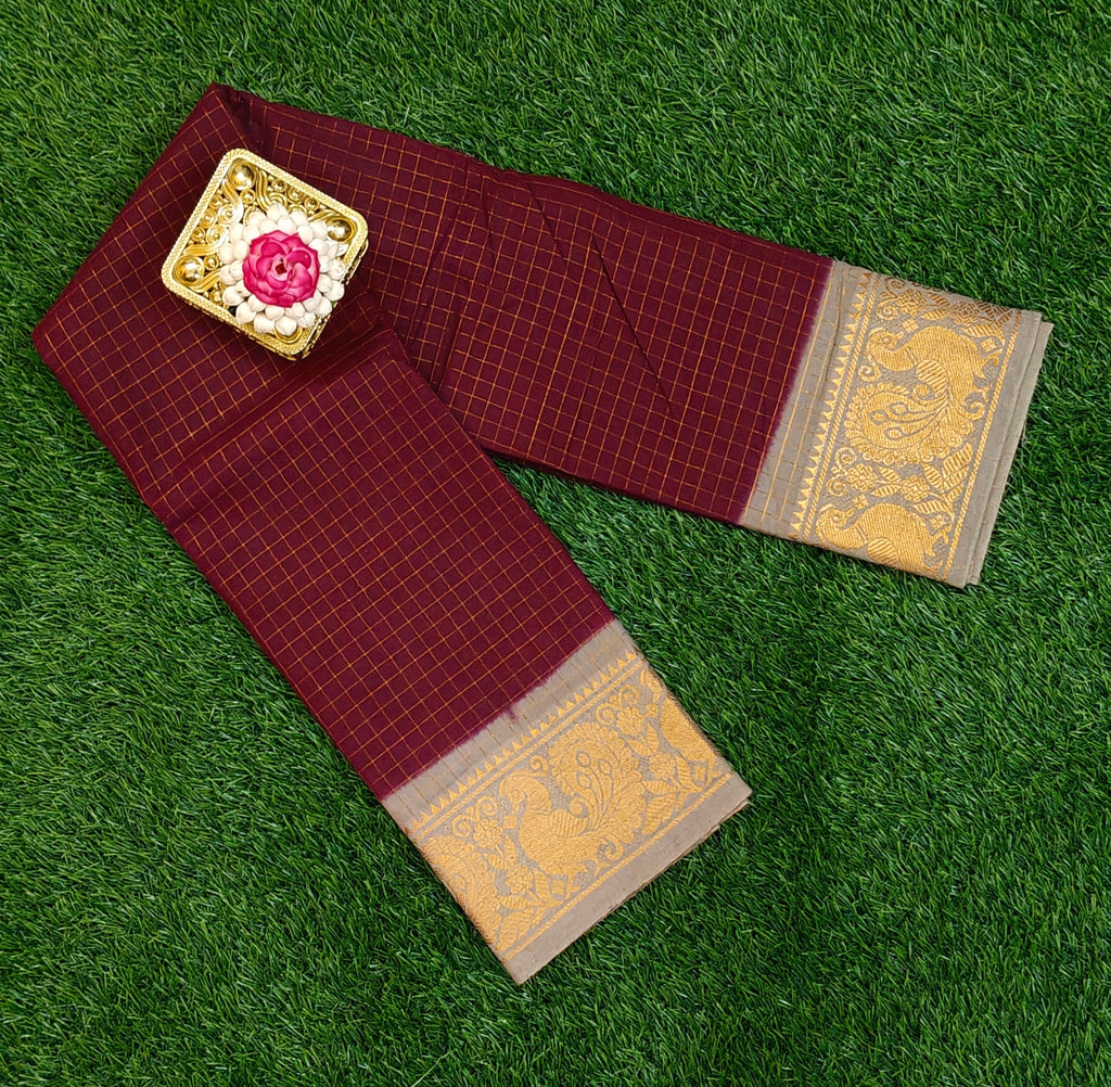 ✨ Maroon Checked Soft Cotton Saree with Golden Peacock Zari Border ✨
