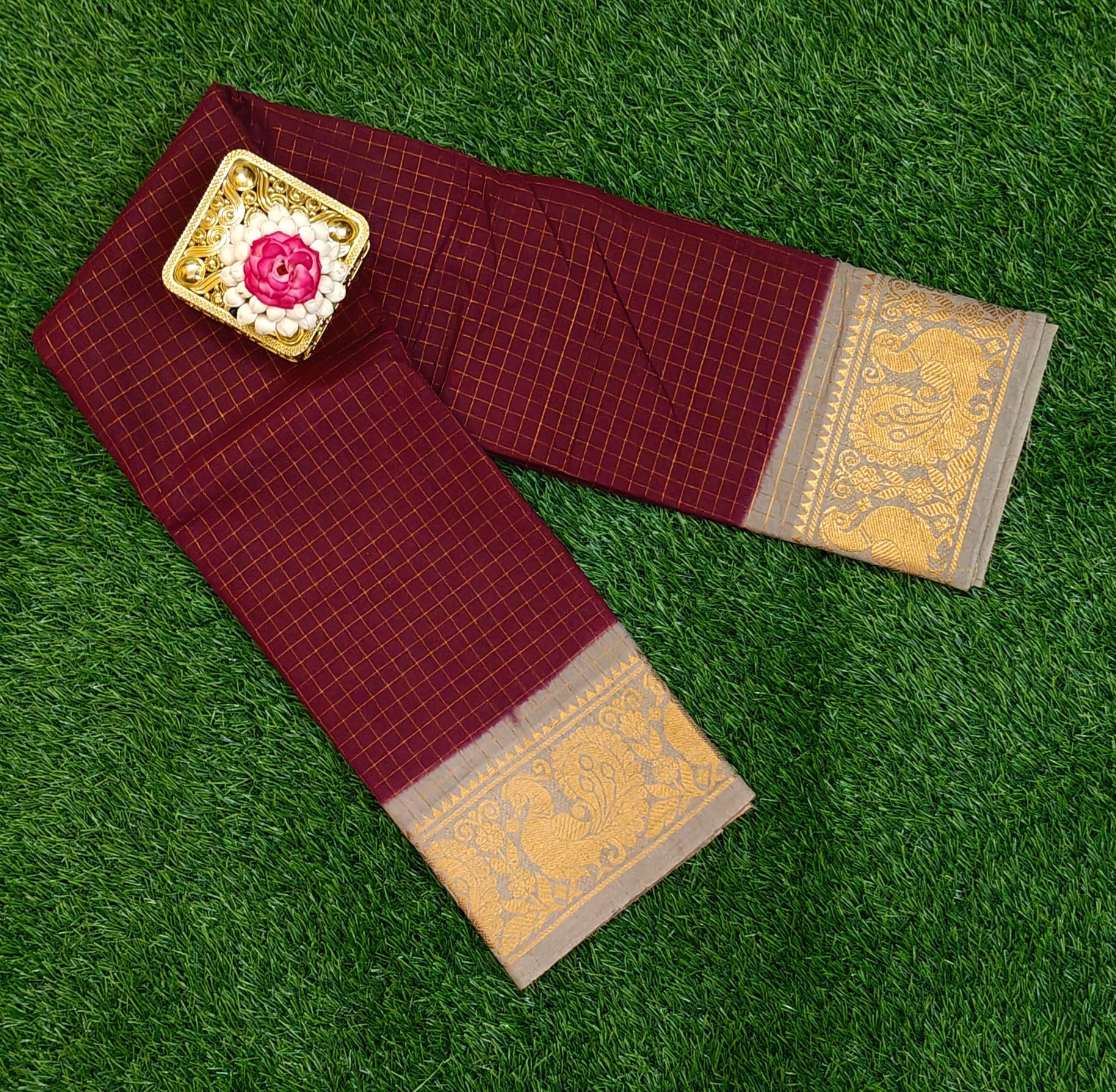 ✨ Maroon Checked Soft Cotton Saree with Golden Peacock Zari Border ✨