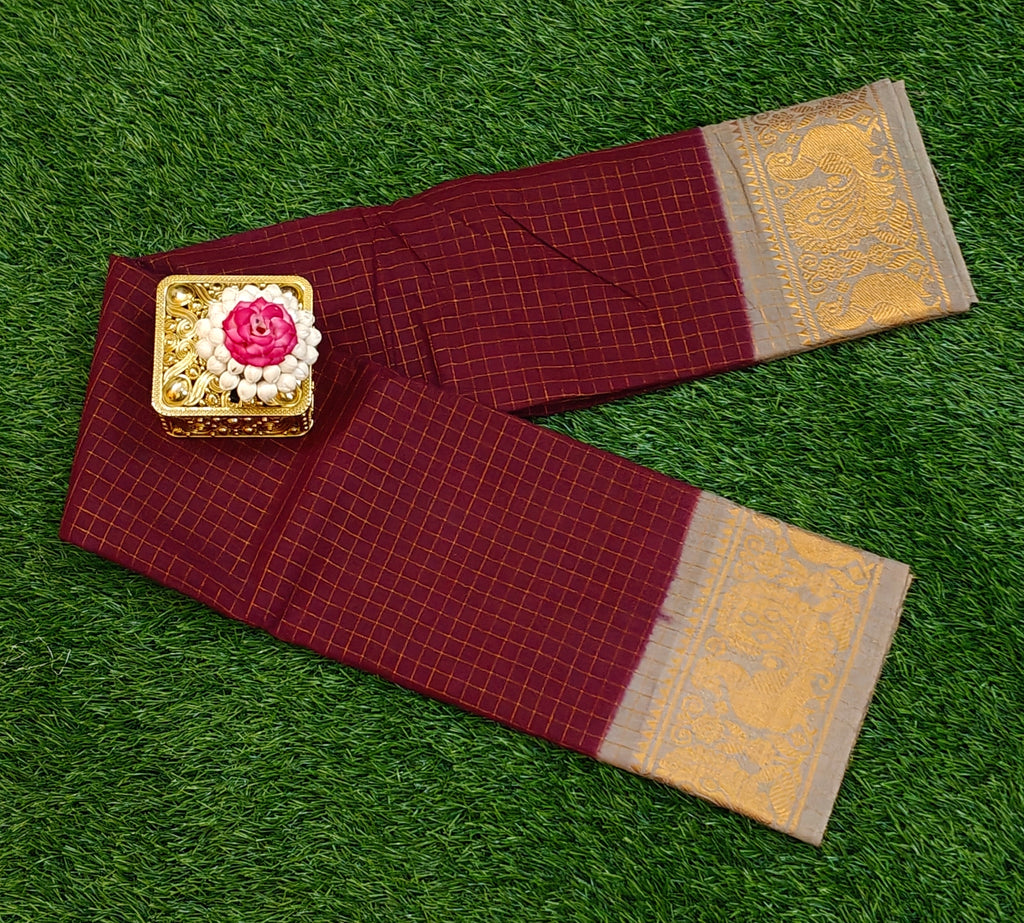 ✨ Maroon Checked Soft Cotton Saree with Golden Peacock Zari Border ✨