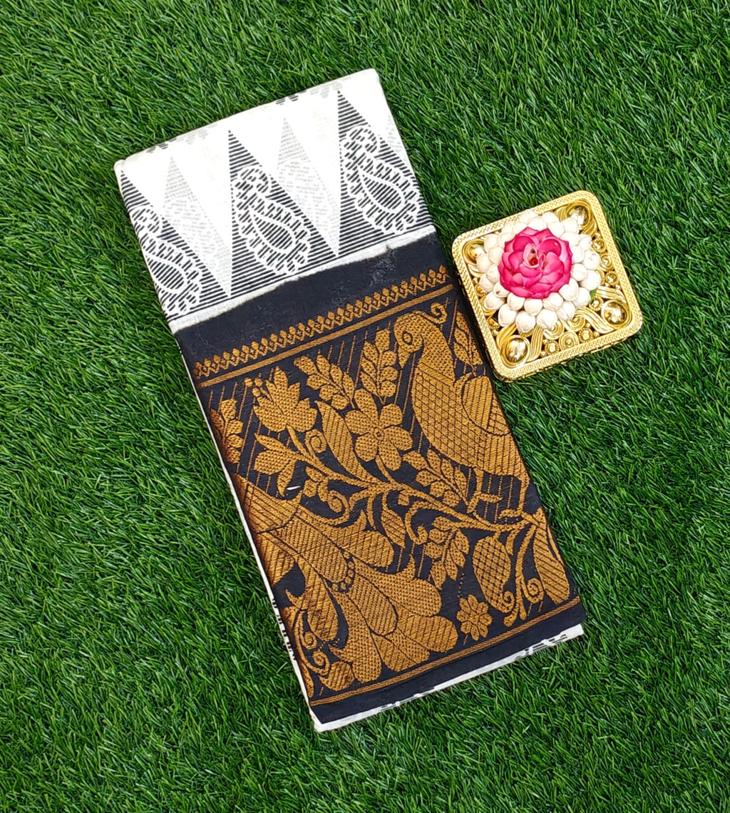 White & Black Beauty with Peacock Zari Border