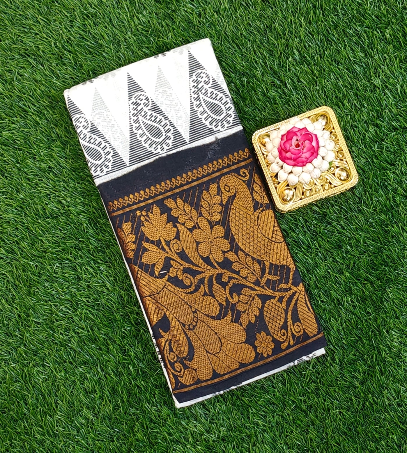 White & Black Beauty with Peacock Zari Border