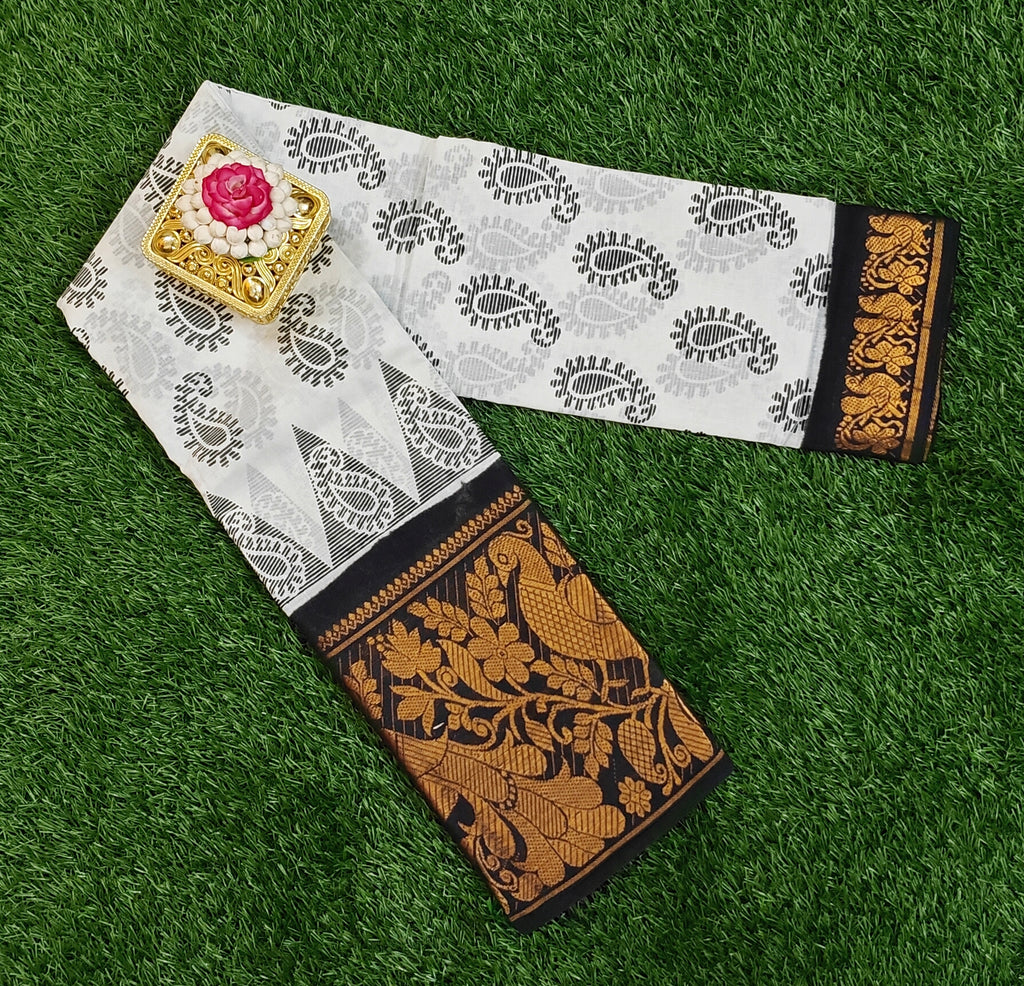 White & Black Beauty with Peacock Zari Border