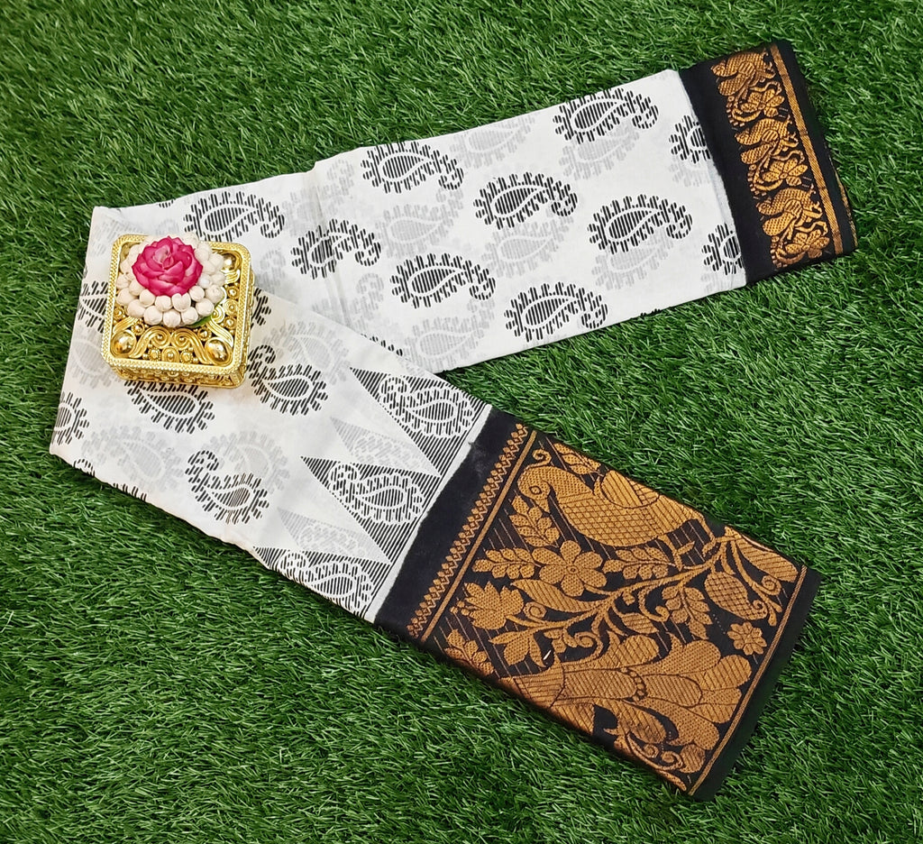 White & Black Beauty with Peacock Zari Border