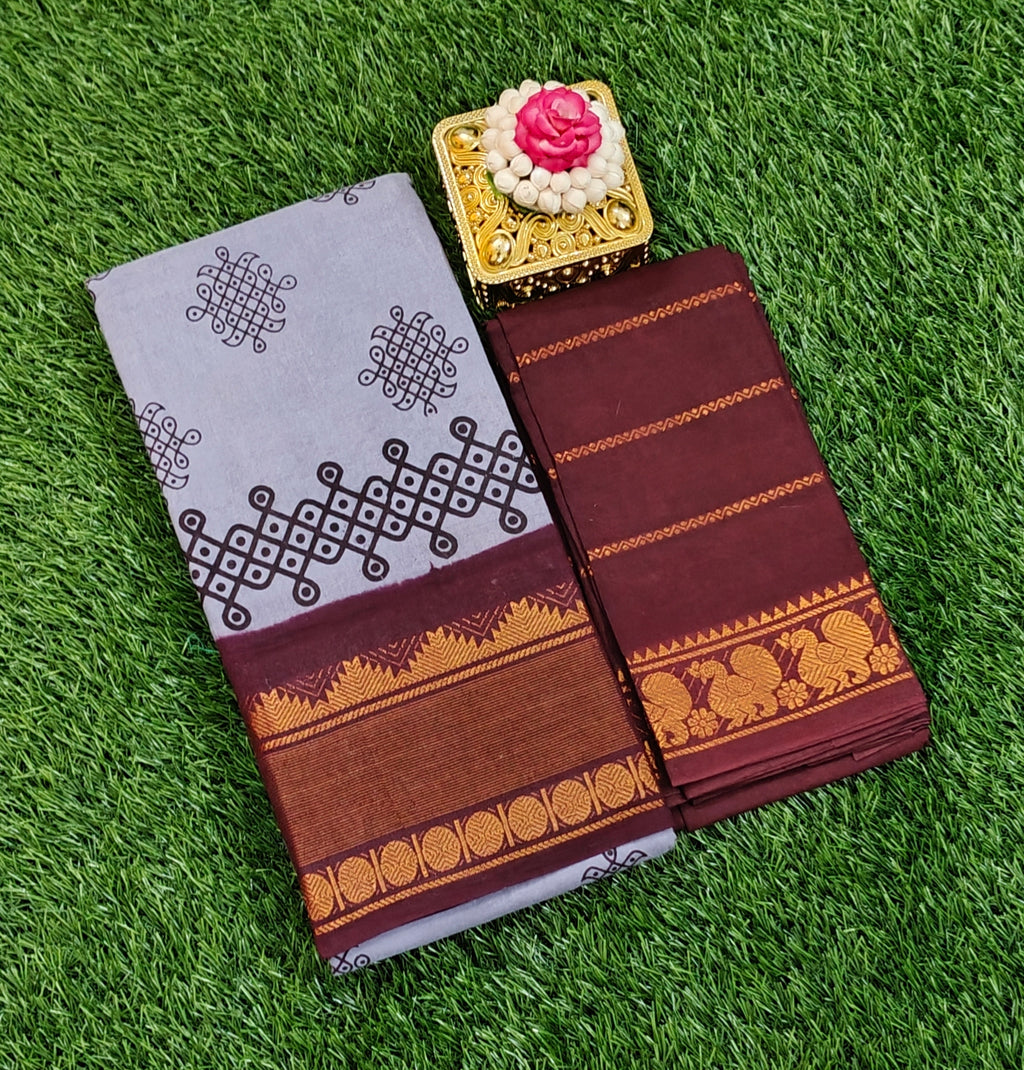 ✨ Sungudi Saree – Grey with Maroon Zari Border