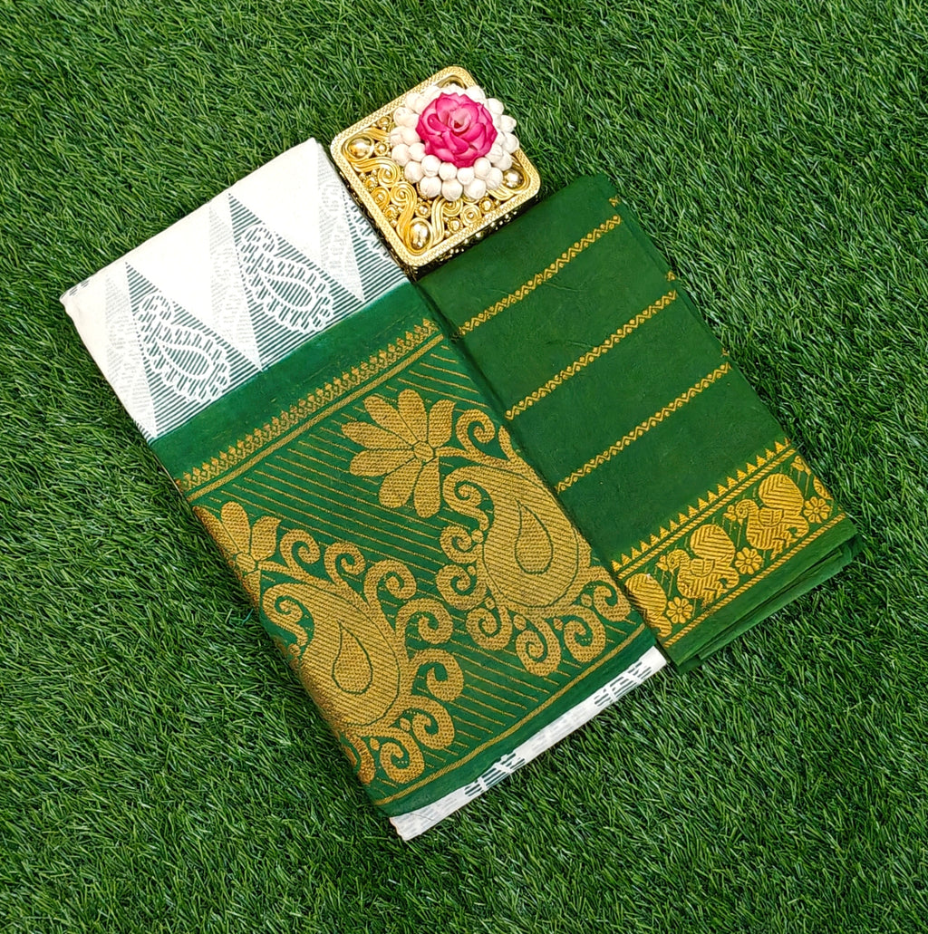 🌿 Pure Sungudi Cotton Saree – Green & White Paisley Edition