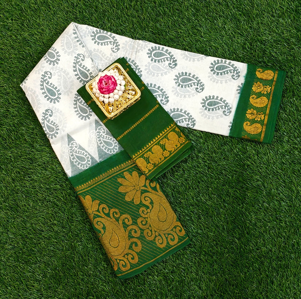 🌿 Pure Sungudi Cotton Saree – Green & White Paisley Edition