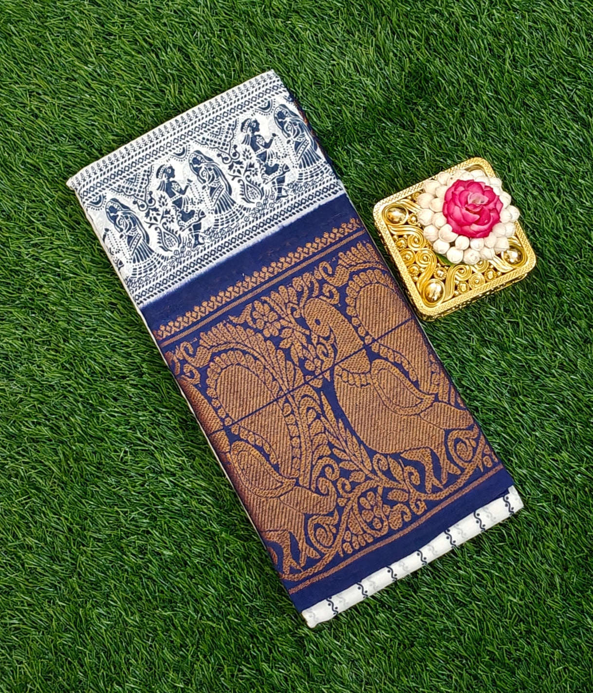 ✨ Navy & White Stripes with Rich Annam Border Cotton Saree ✨