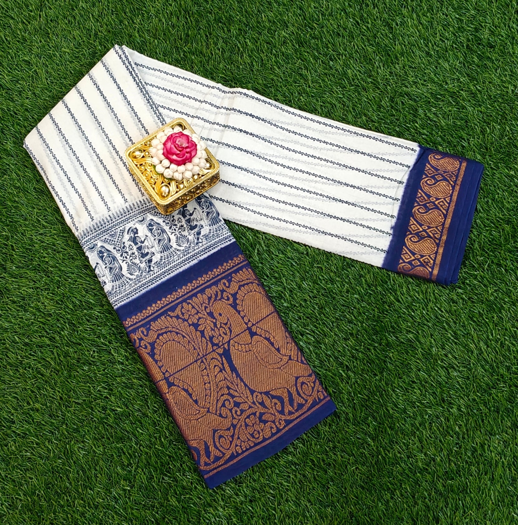 ✨ Navy & White Stripes with Rich Annam Border Cotton Saree ✨