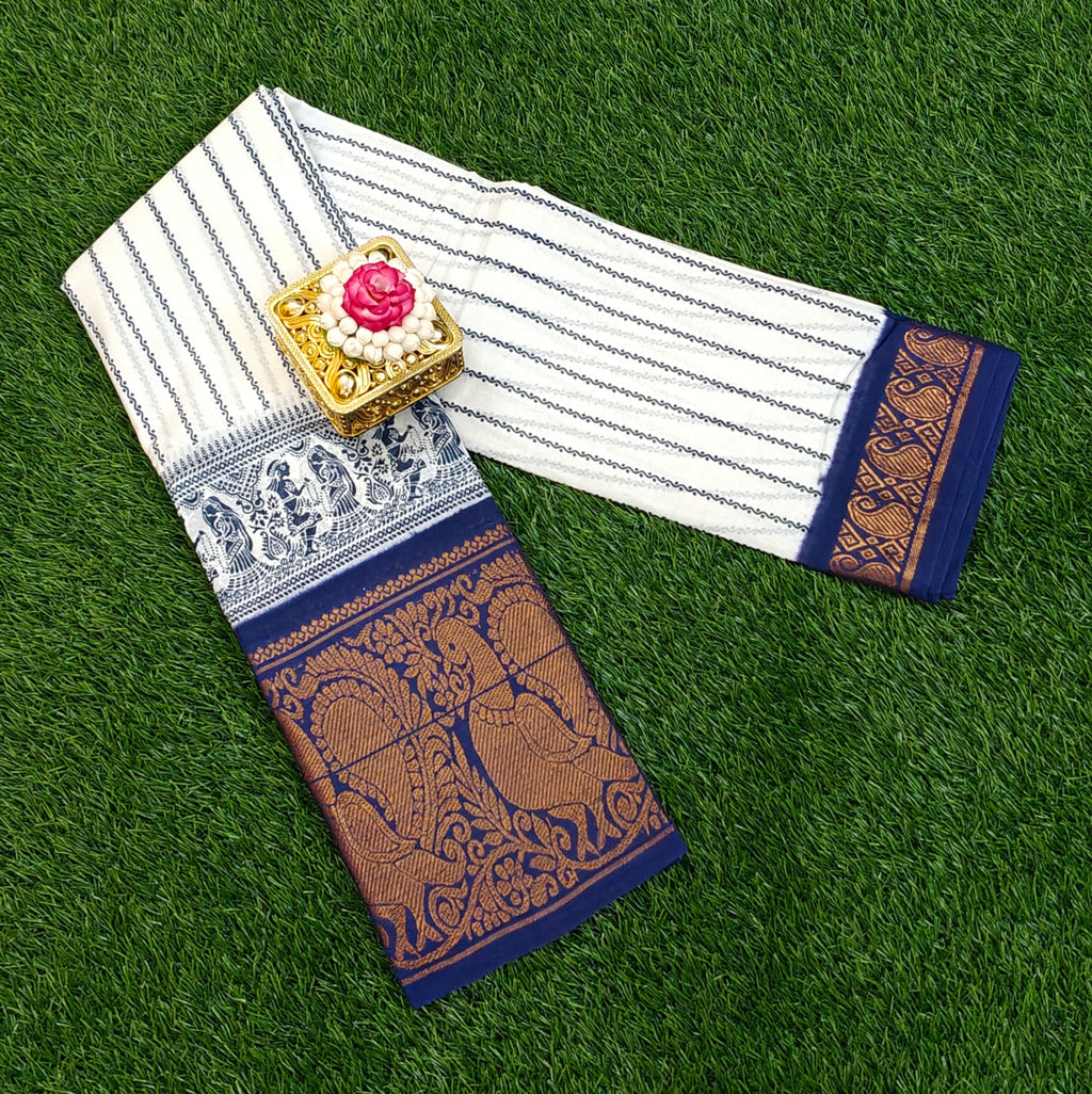 ✨ Navy & White Stripes with Rich Annam Border Cotton Saree ✨