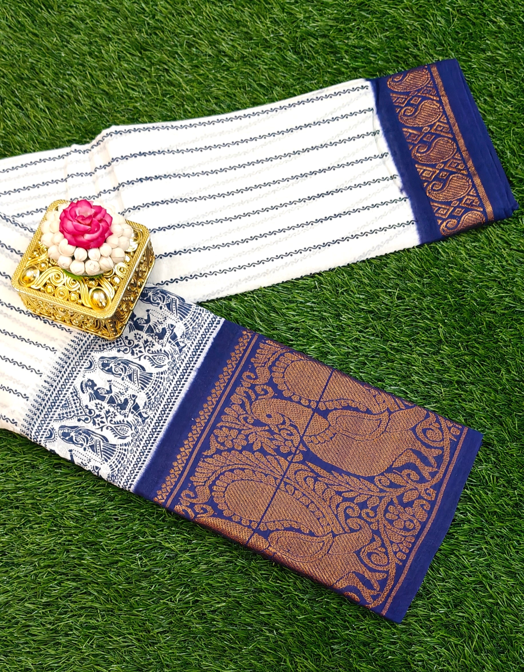 ✨ Navy & White Stripes with Rich Annam Border Cotton Saree ✨