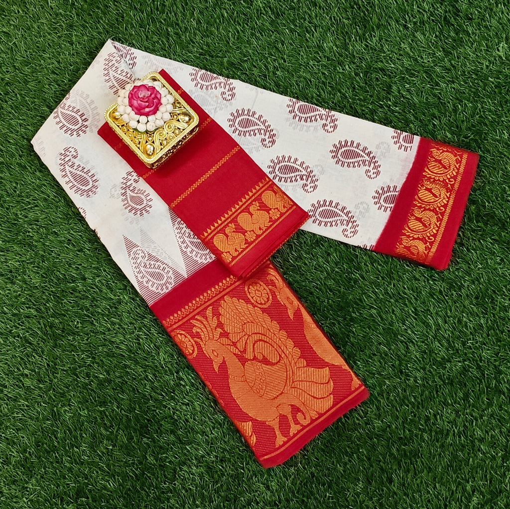 🪷 Premium Sungudi Cotton Saree – White & Red | Peacock Zari Border 🪷