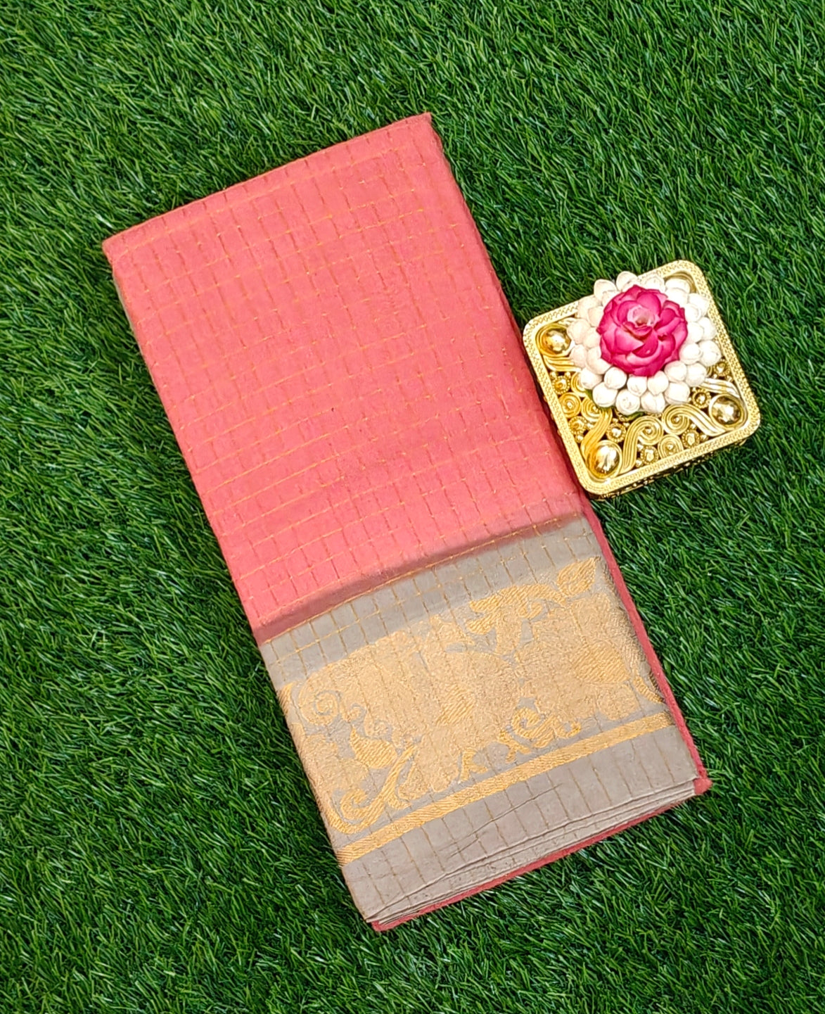 Peach & Gold Zari Border Cotton Saree